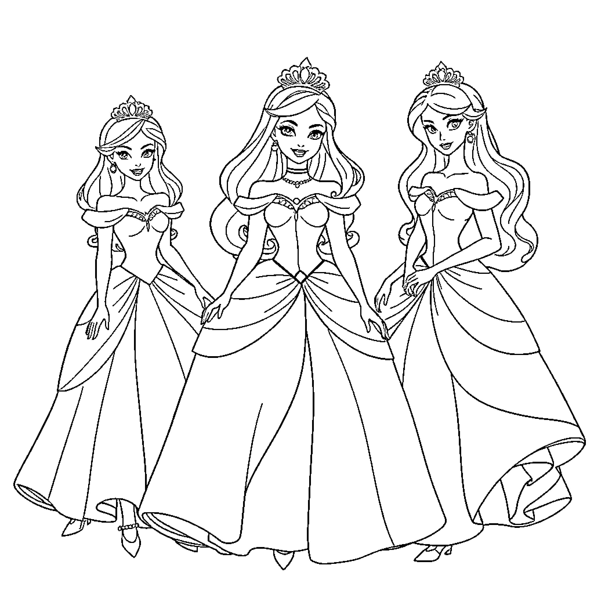 Princess Trio in Elegant Ballroom Dresses Coloring Page (free black-and-white line drawing printable PDF for all, from beginners to advanced learners, including children, teens, adults, and seniors)