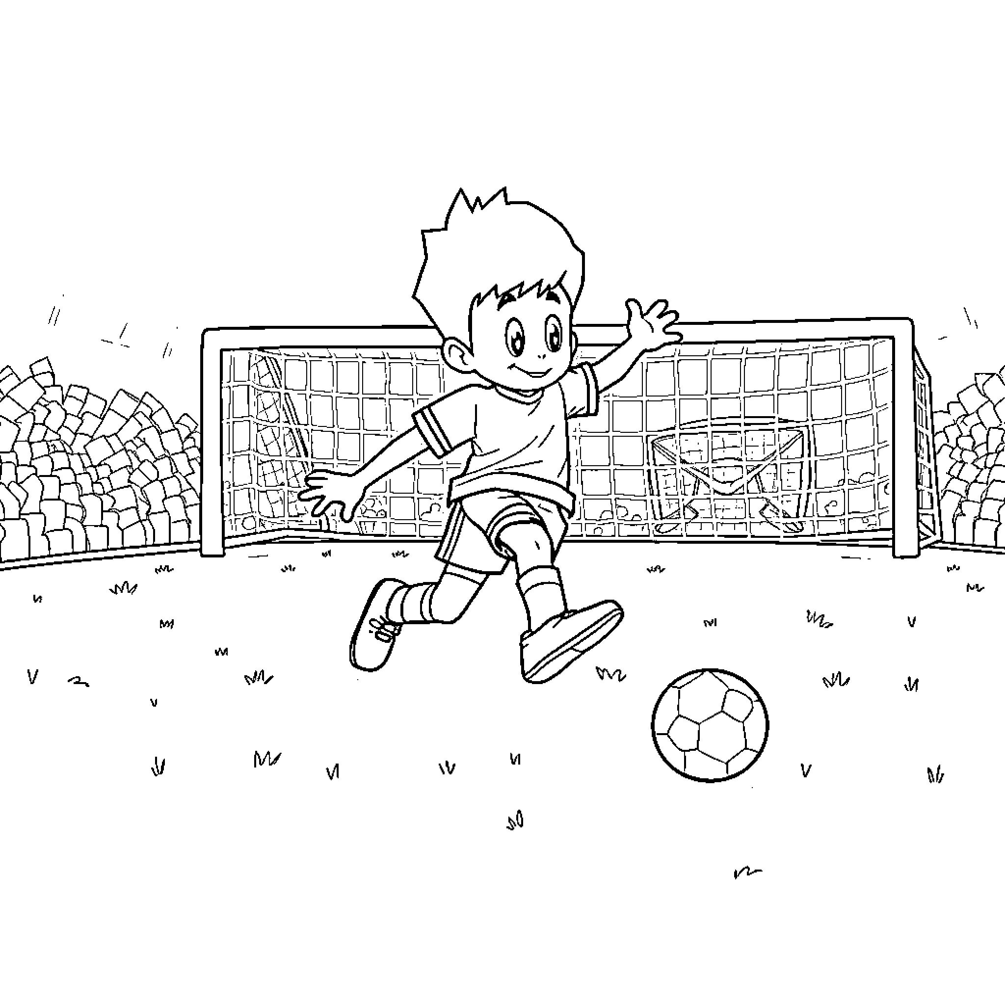 Deku playing soccer enthusiastically on the field Coloring Page (free black-and-white line drawing printable PDF for all, from beginners to advanced learners, including children, teens, adults, and seniors)