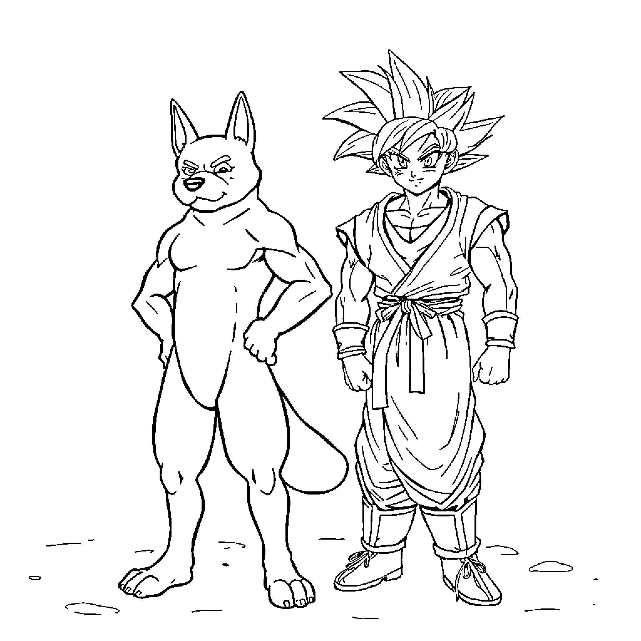 Dog Man and Anime Character in Action Pose Coloring Page (free black-and-white line drawing printable PDF for all, from beginners to advanced learners, including children, teens, adults, and seniors)