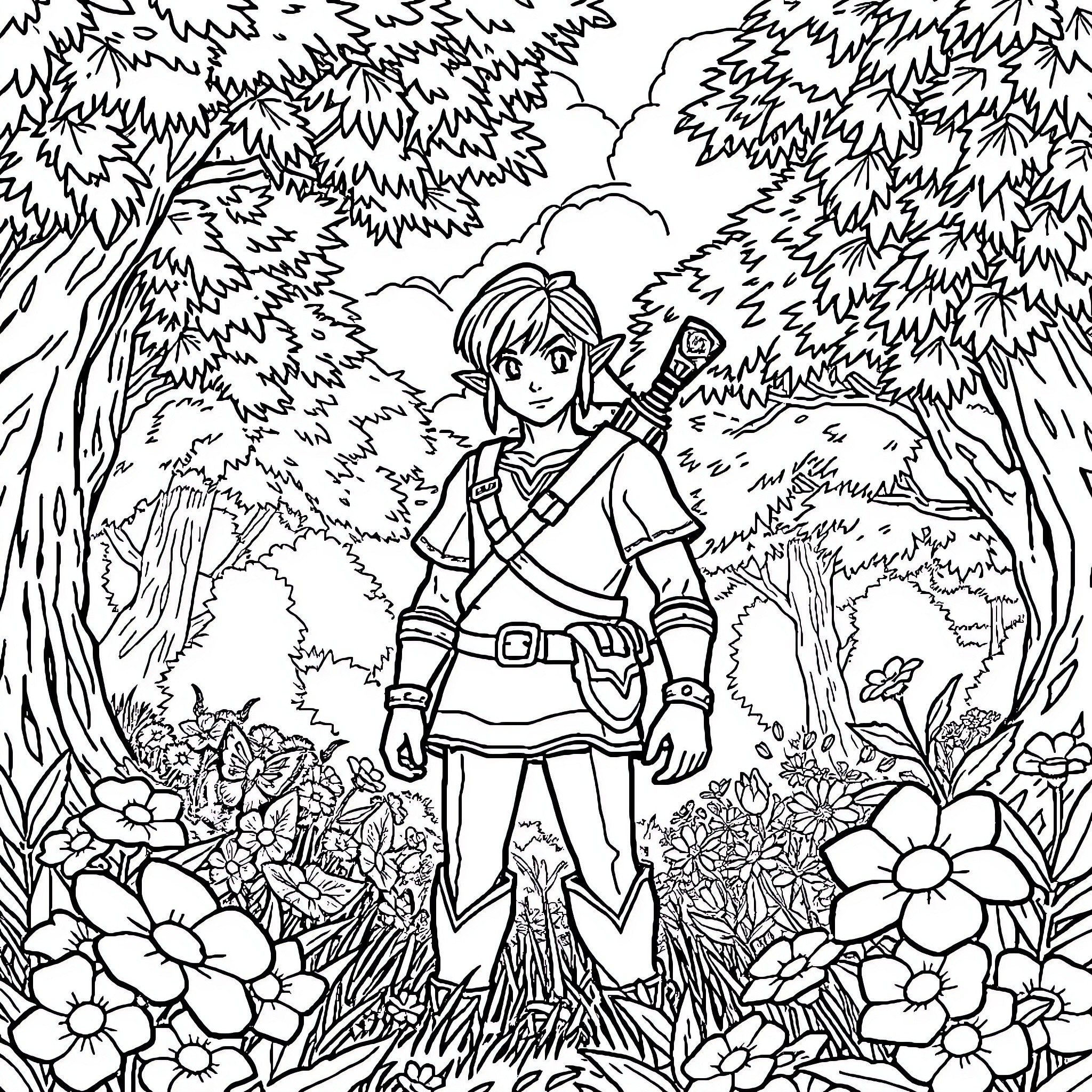 Link Exploring the Enchanted Forest Coloring Page (free black-and-white line drawing printable PDF for all, from beginners to advanced learners, including children, teens, adults, and seniors)