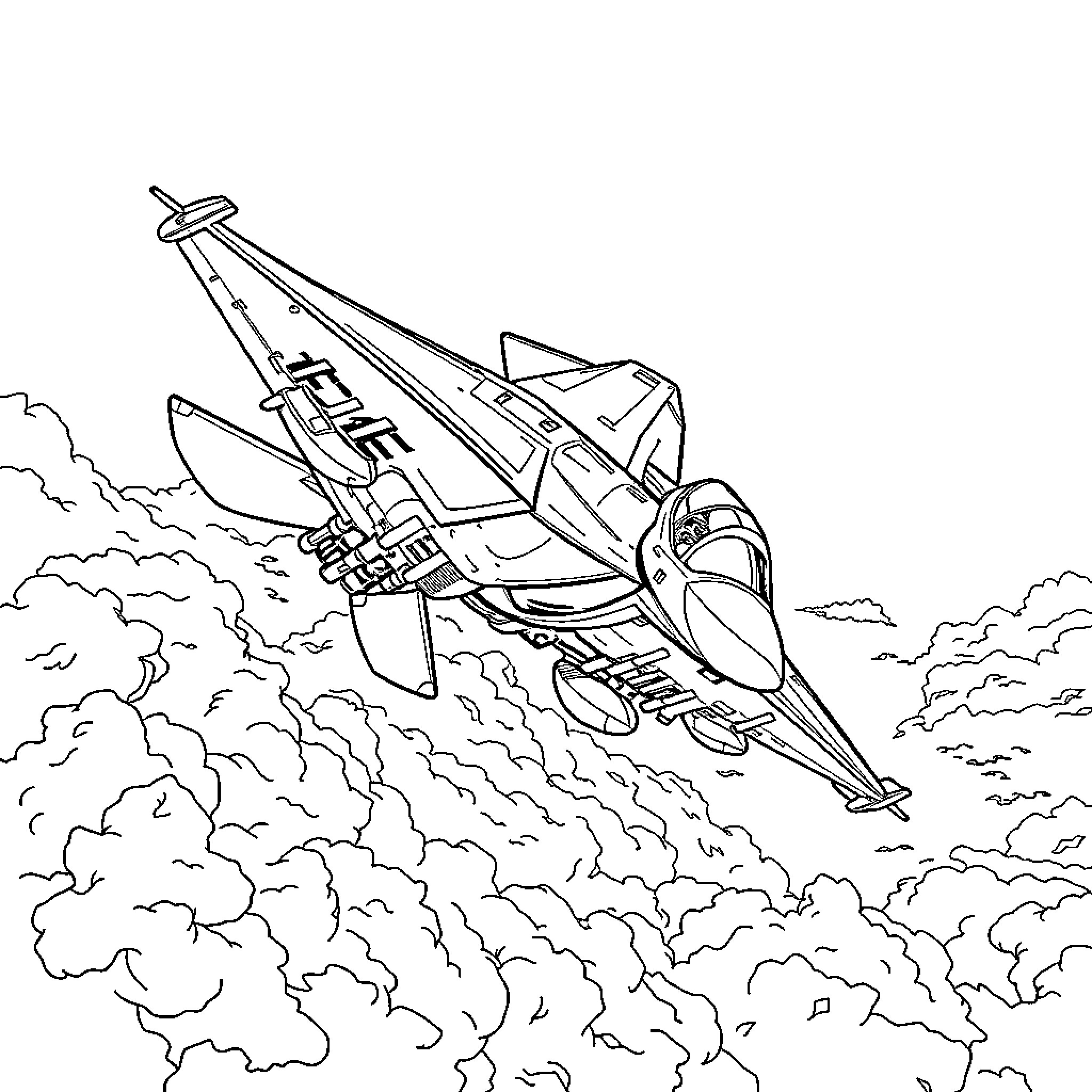 F15 Fighter Jet Soaring Through Clouds Coloring Page (free black-and-white line drawing printable PDF for all, from beginners to advanced learners, including children, teens, adults, and seniors)