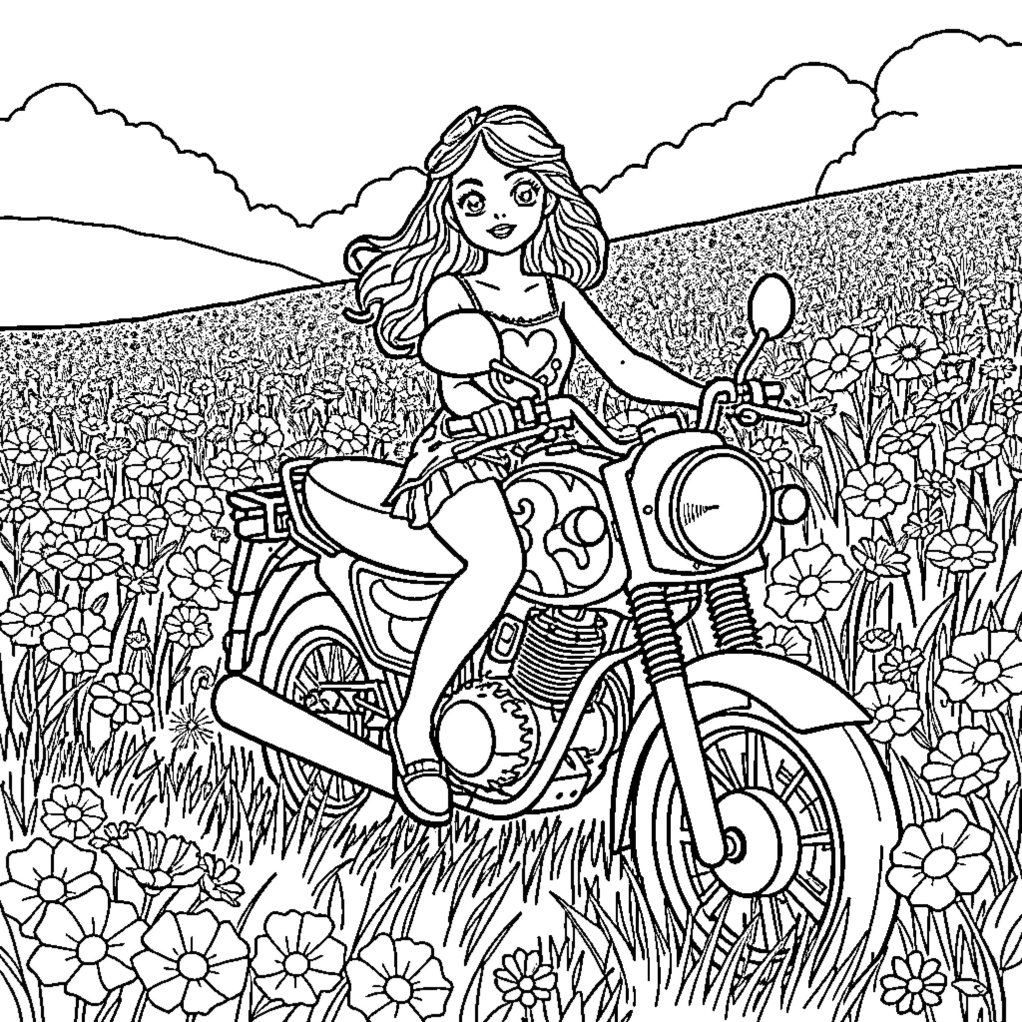 Girl riding motorcycle through flower field Coloring Page (free black-and-white line drawing printable PDF for all, from beginners to advanced learners, including children, teens, adults, and seniors)