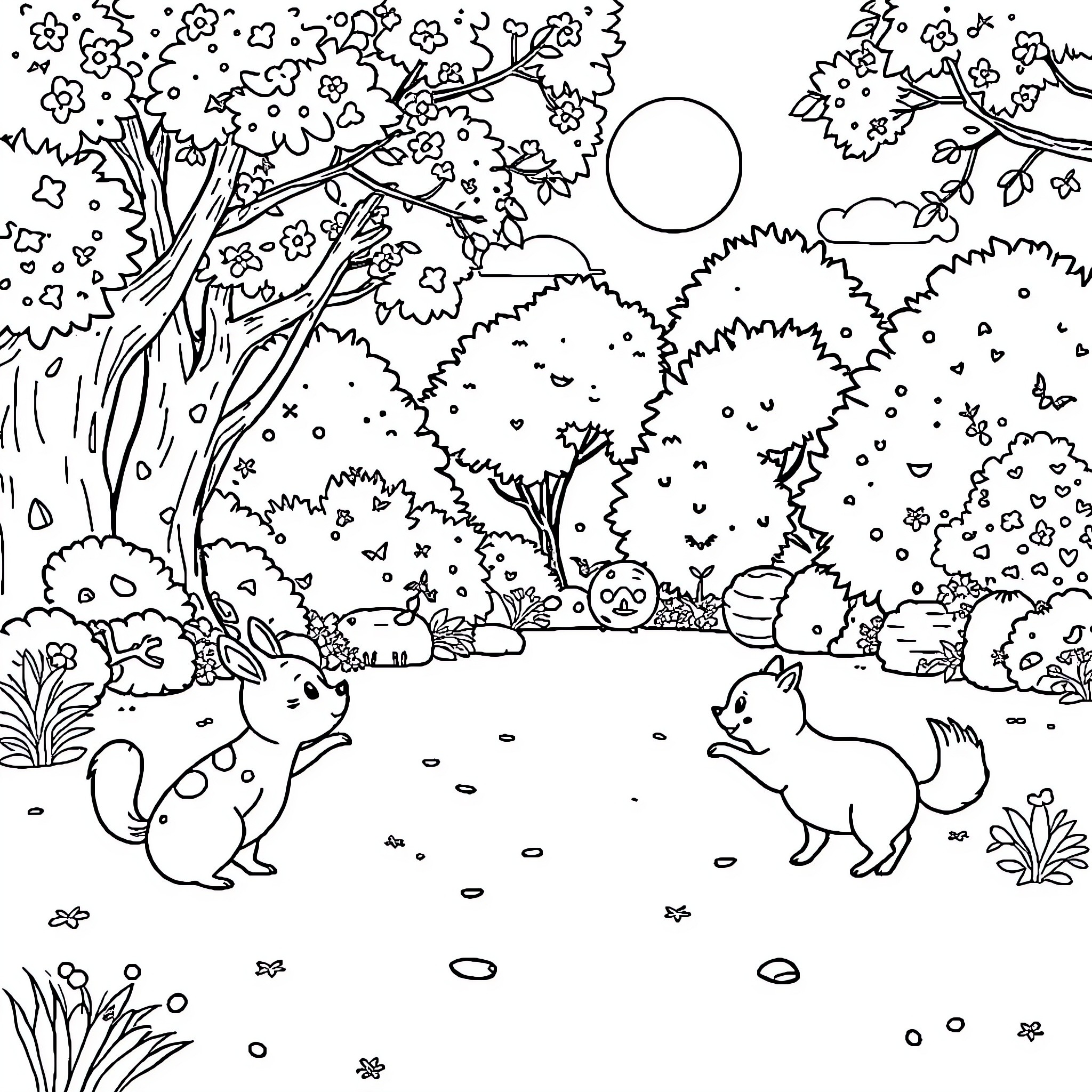 Animal forest scene with squirrels and rabbits Coloring Page (free black-and-white line drawing printable PDF for all, from beginners to advanced learners, including children, teens, adults, and seniors)