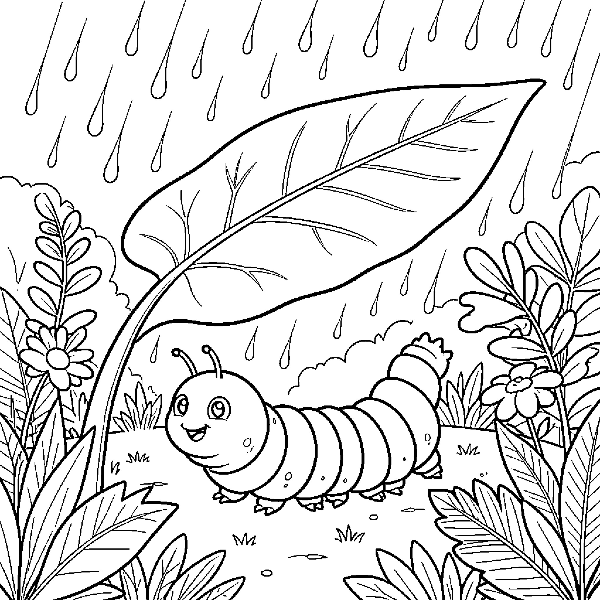 Caterpillar sheltering under a large leaf during rain Coloring Page (free black-and-white line drawing printable PDF for all, from beginners to advanced learners, including children, teens, adults, and seniors)