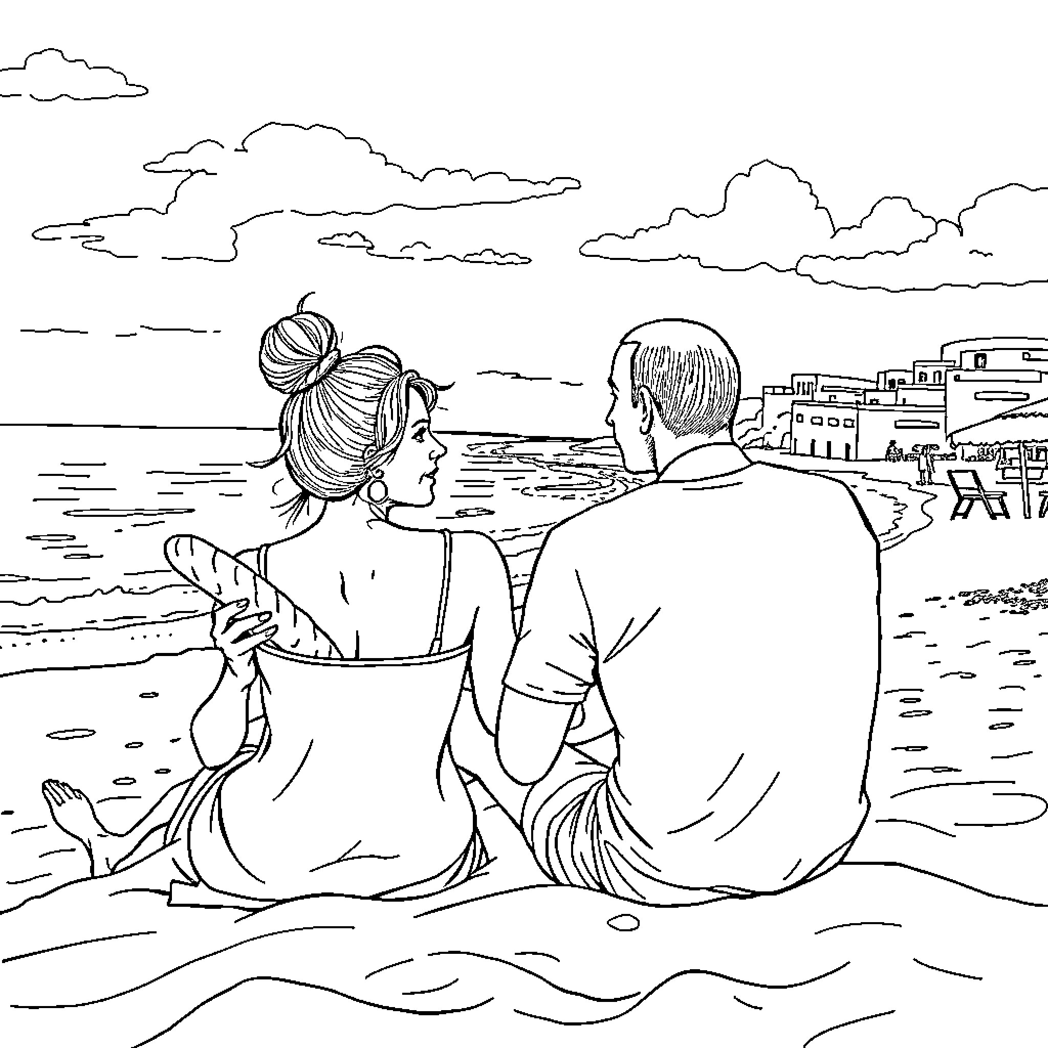 Man and woman sitting by the sea enjoying the view Coloring Page (free black-and-white line drawing printable PDF for all, from beginners to advanced learners, including children, teens, adults, and seniors)