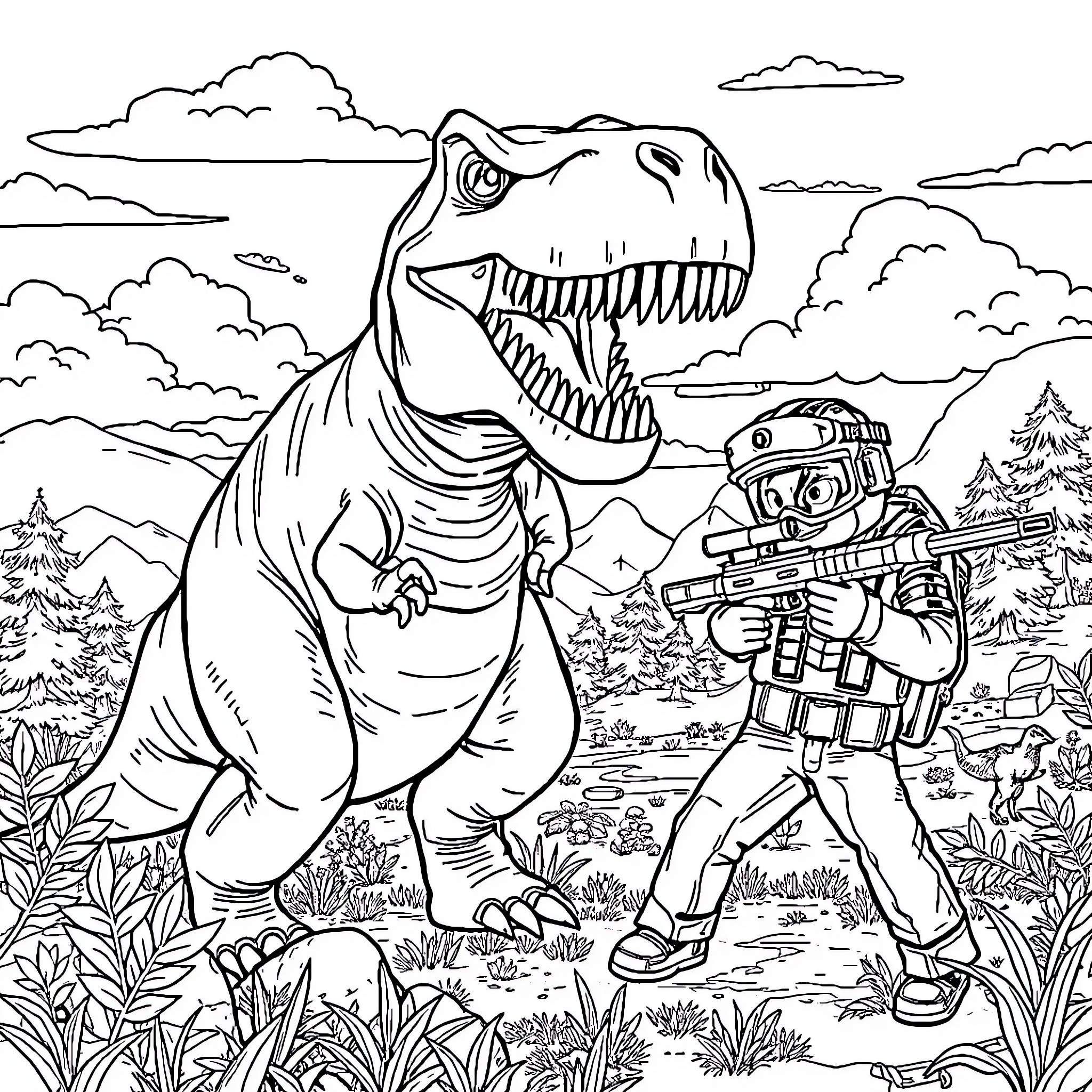 Dinosaurio encounters a futuristic explorer in the wilderness Coloring Page (free black-and-white line drawing printable PDF for all, from beginners to advanced learners, including children, teens, adults, and seniors)