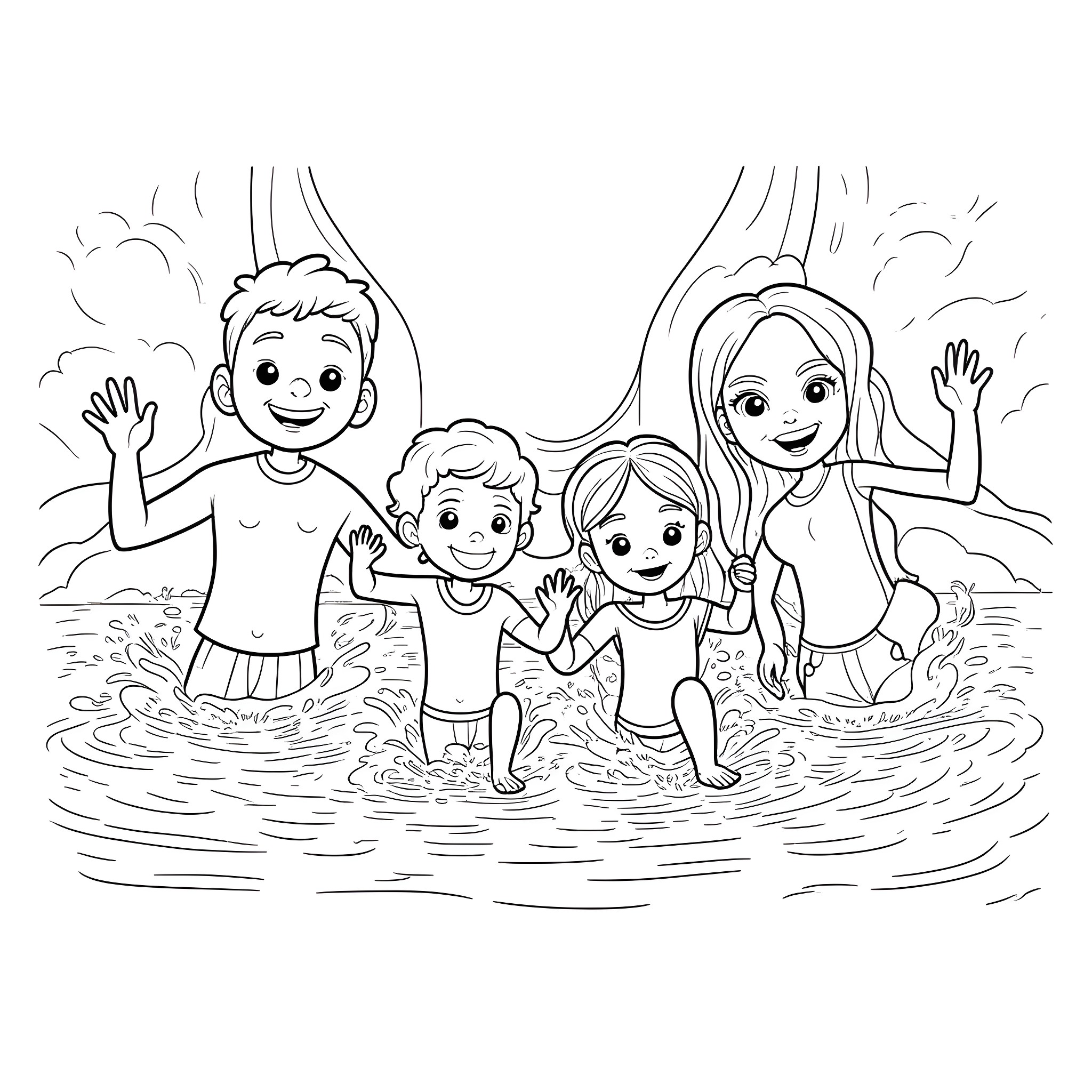 Family Fun in the Water Coloring Page (free black-and-white line drawing printable PDF for all, from beginners to advanced learners, including children, teens, adults, and seniors)