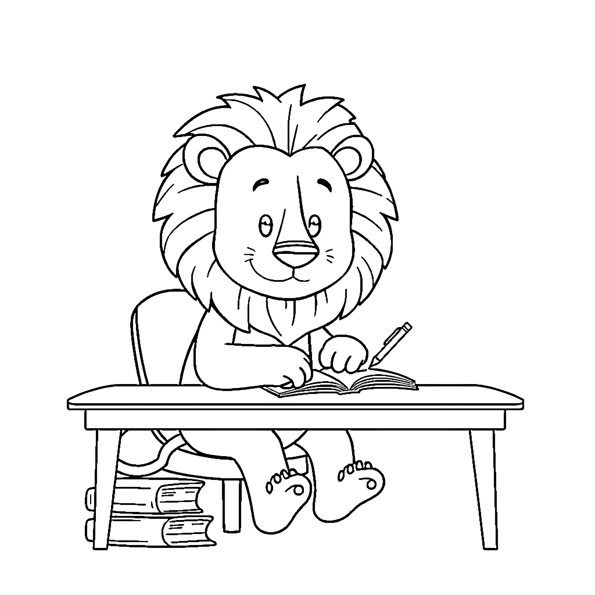 Lion studying diligently at his desk Coloring Page (free black-and-white line drawing printable PDF for all, from beginners to advanced learners, including children, teens, adults, and seniors)