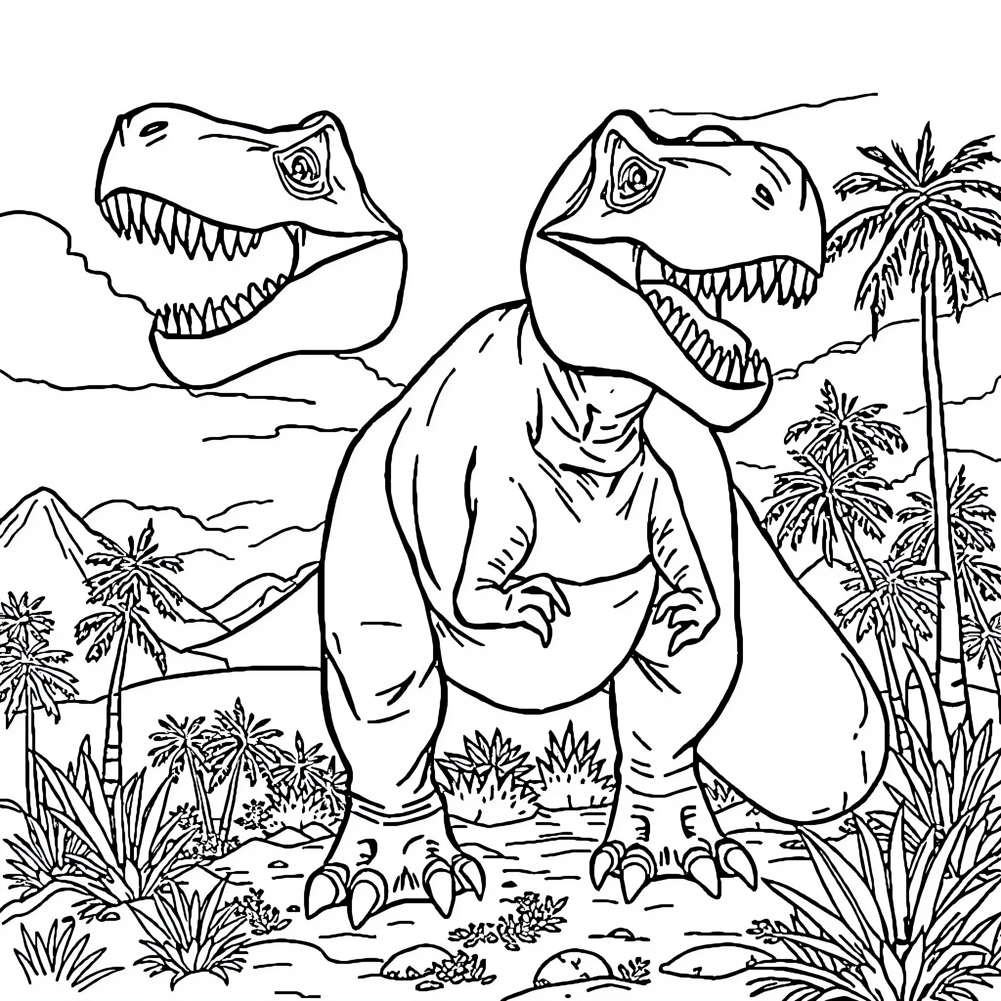 D-rex dinosaurs roaming prehistoric jungle landscape Coloring Page (free black-and-white line drawing printable PDF for all, from beginners to advanced learners, including children, teens, adults, and seniors)