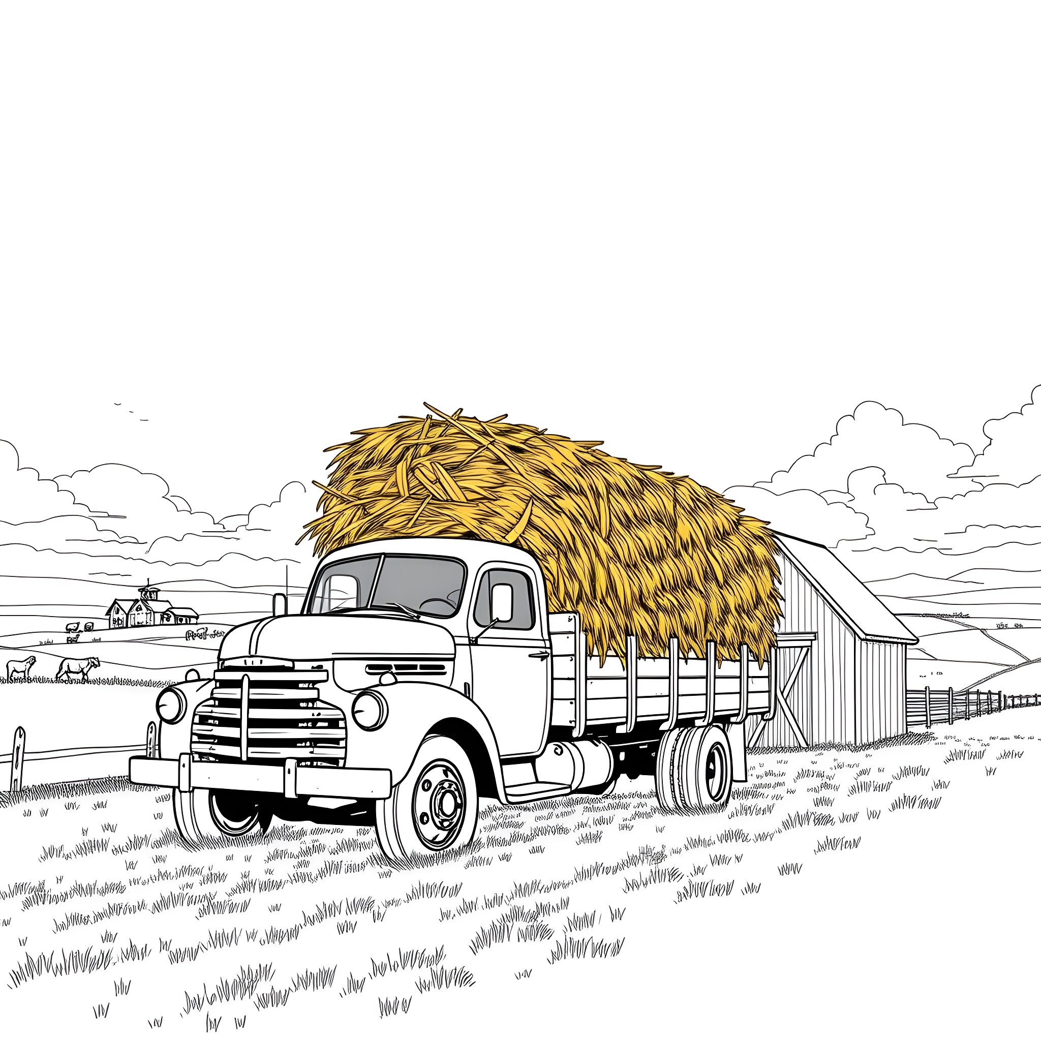 Hay Truck Transporting Stacks of Hay in Countryside Coloring Page (free black-and-white line drawing printable PDF for all, from beginners to advanced learners, including children, teens, adults, and seniors)