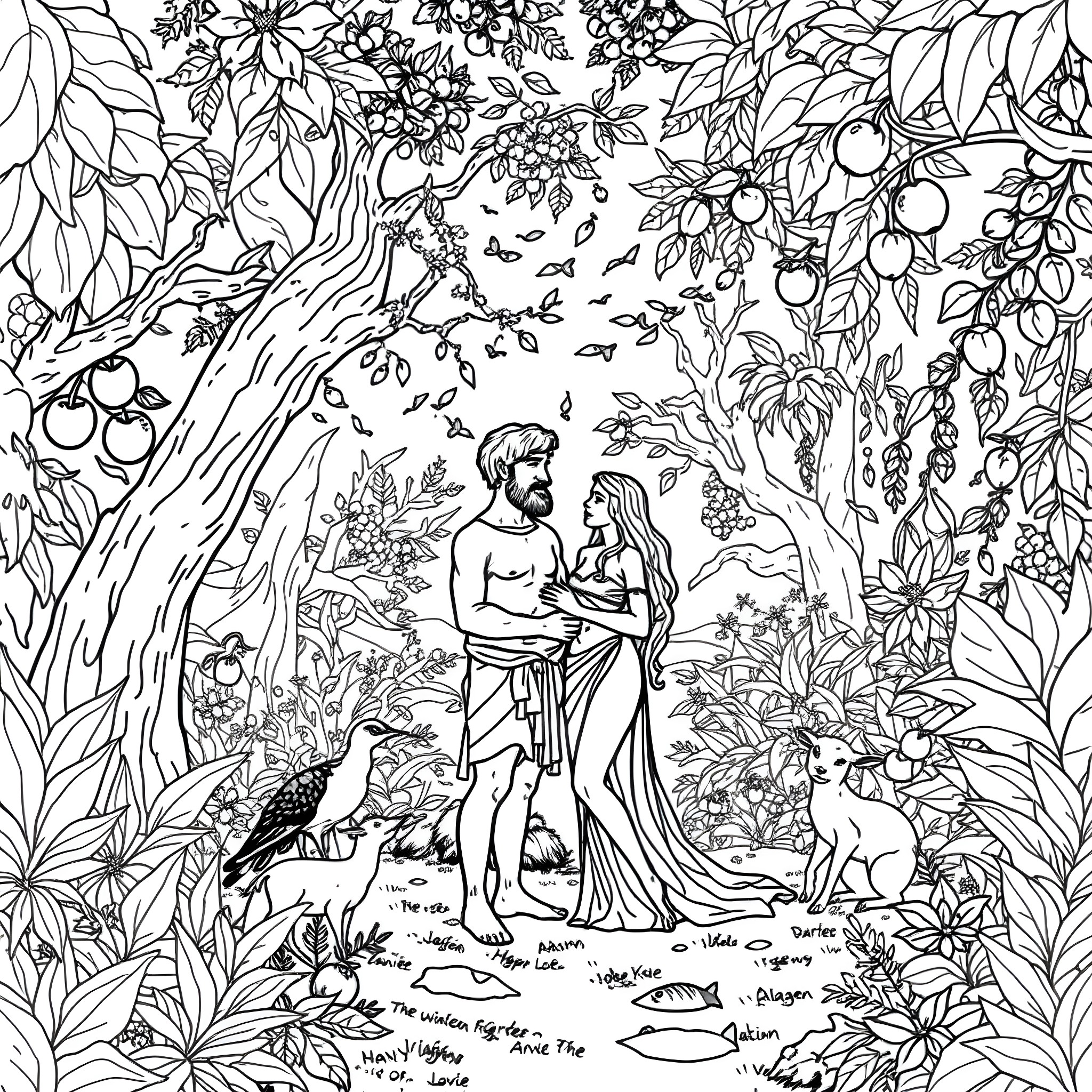 Adam and Eve in the Garden of Eden Coloring Page (free black-and-white line drawing printable PDF for all, from beginners to advanced learners, including children, teens, adults, and seniors)