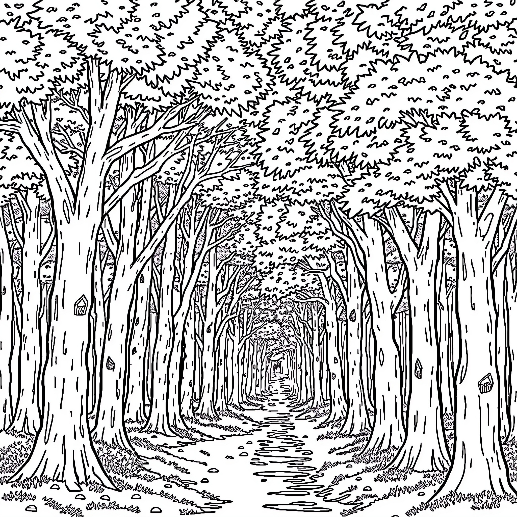 Forest Path Through Lush Foliage Coloring Page (free black-and-white line drawing printable PDF for all, from beginners to advanced learners, including children, teens, adults, and seniors)