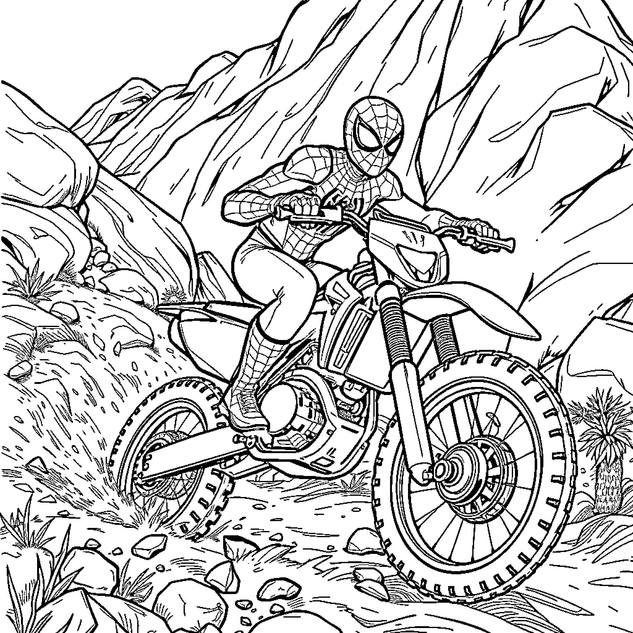 Spider-Man riding dirt bike through rugged terrain Coloring Page (free black-and-white line drawing printable PDF for all, from beginners to advanced learners, including children, teens, adults, and seniors)