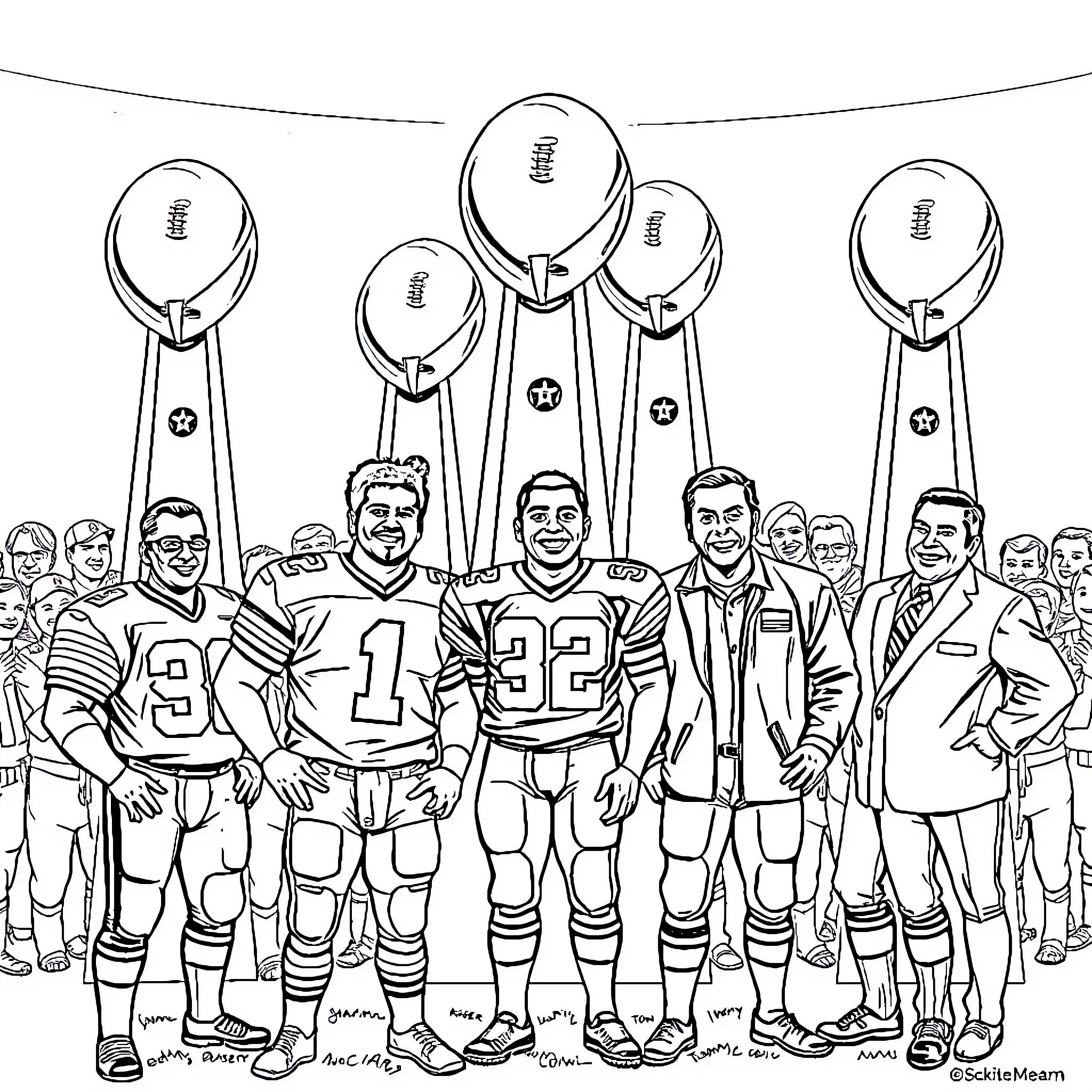 Football players and coaches on the field Coloring Page (free black-and-white line drawing printable PDF for all, from beginners to advanced learners, including children, teens, adults, and seniors)