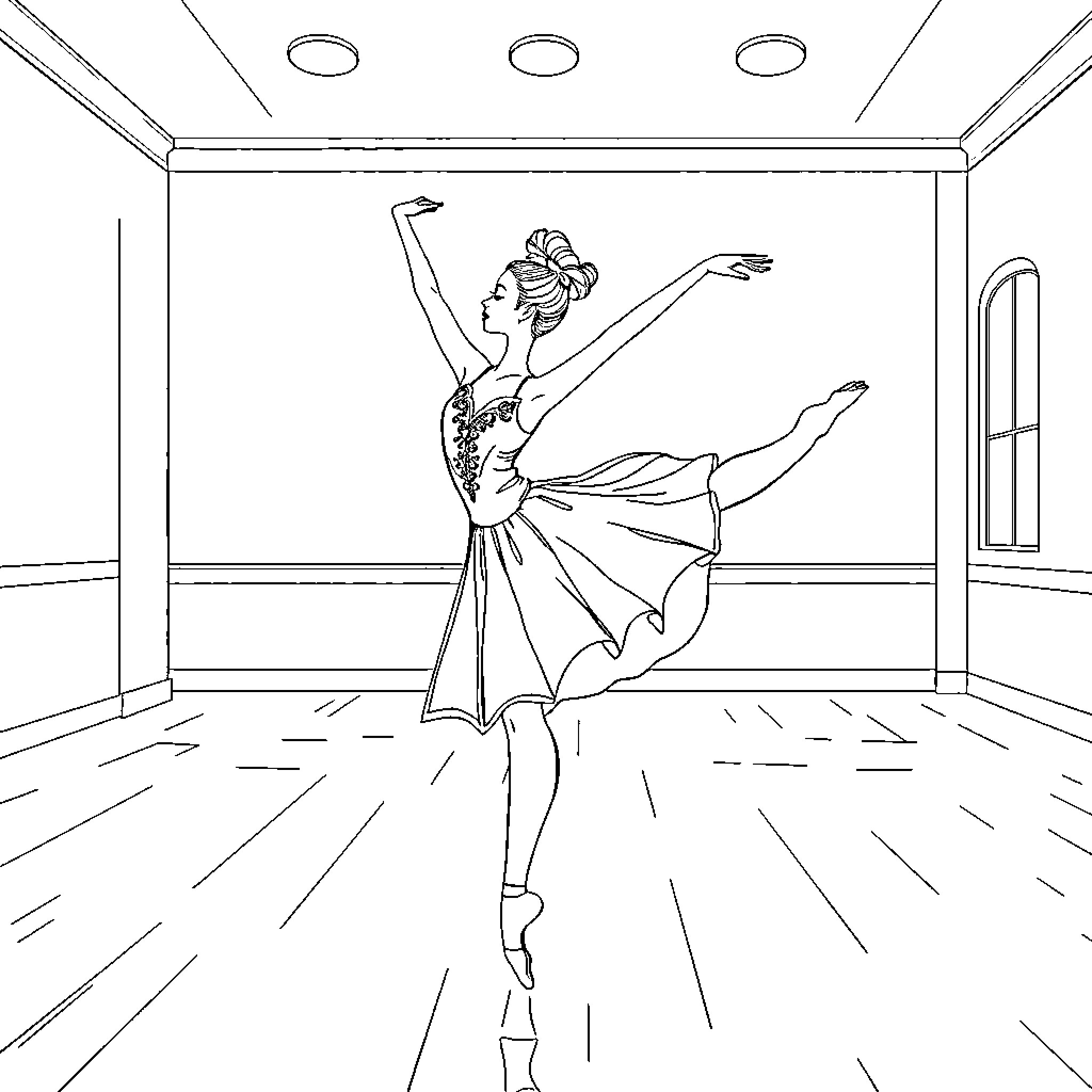 Bluey ballerina gracefully performing in the studio Coloring Page (free black-and-white line drawing printable PDF for all, from beginners to advanced learners, including children, teens, adults, and seniors)