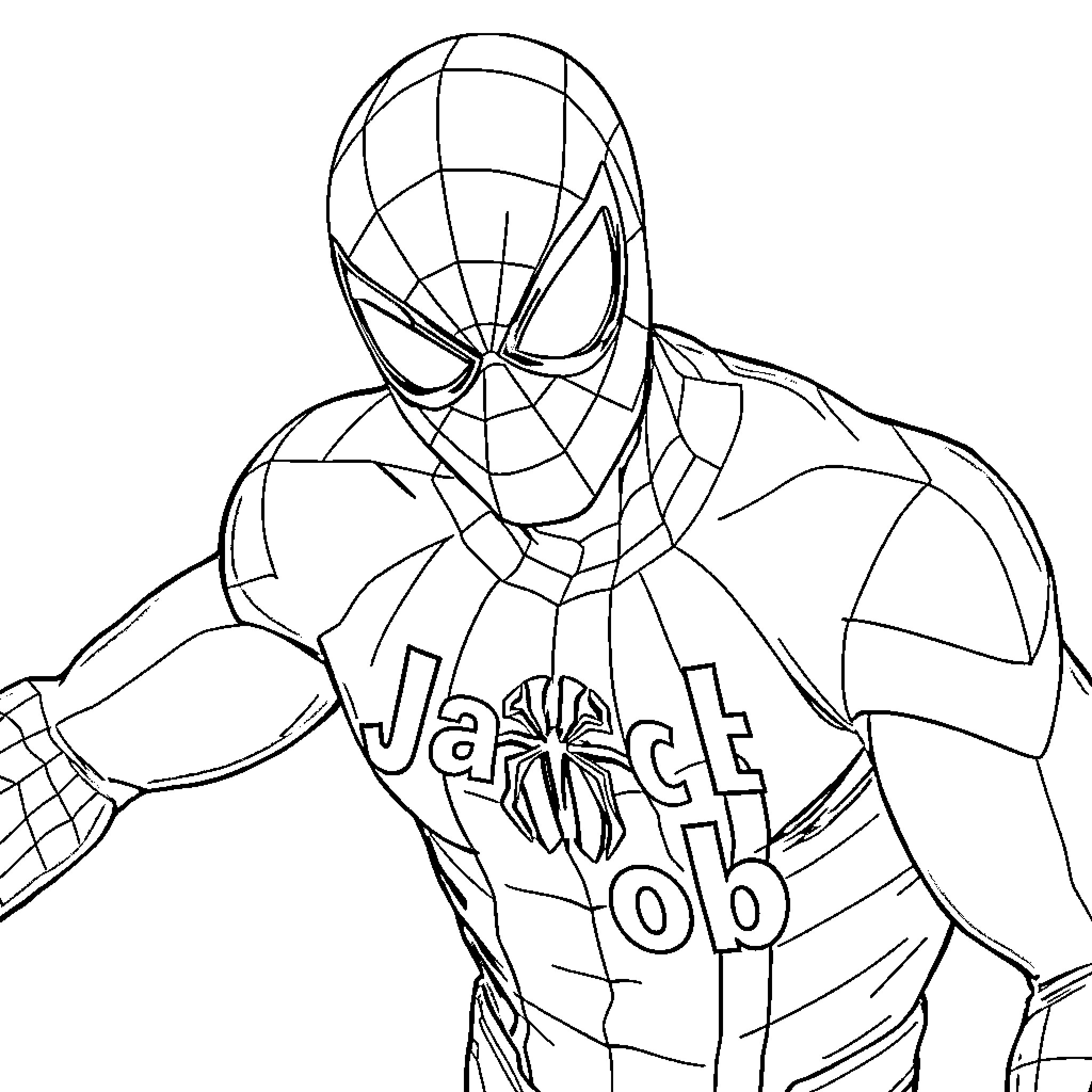 Spiderman in heroic pose and costume Coloring Page (free black-and-white line drawing printable PDF for all, from beginners to advanced learners, including children, teens, adults, and seniors)