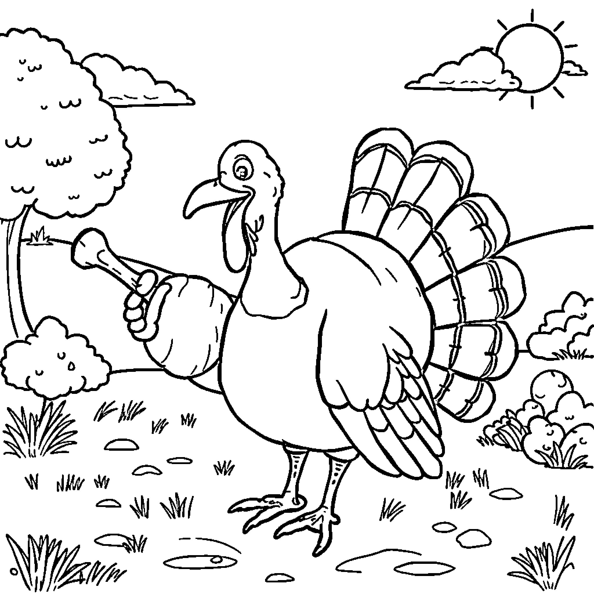 Turkey roaming in a lush outdoor scene Coloring Page (free black-and-white line drawing printable PDF for all, from beginners to advanced learners, including children, teens, adults, and seniors)