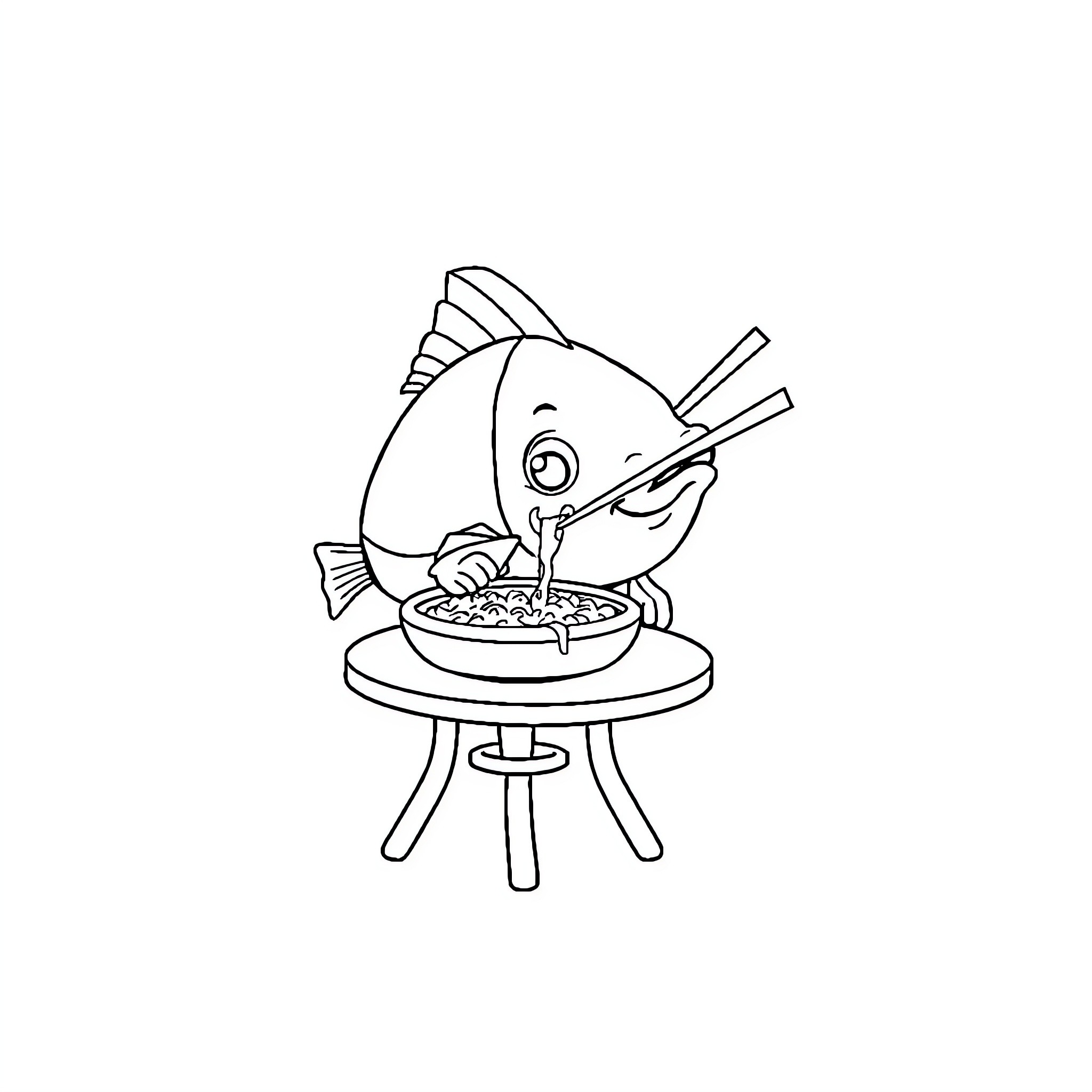 Fish enjoying a meal on a small table Coloring Page (free black-and-white line drawing printable PDF for all, from beginners to advanced learners, including children, teens, adults, and seniors)