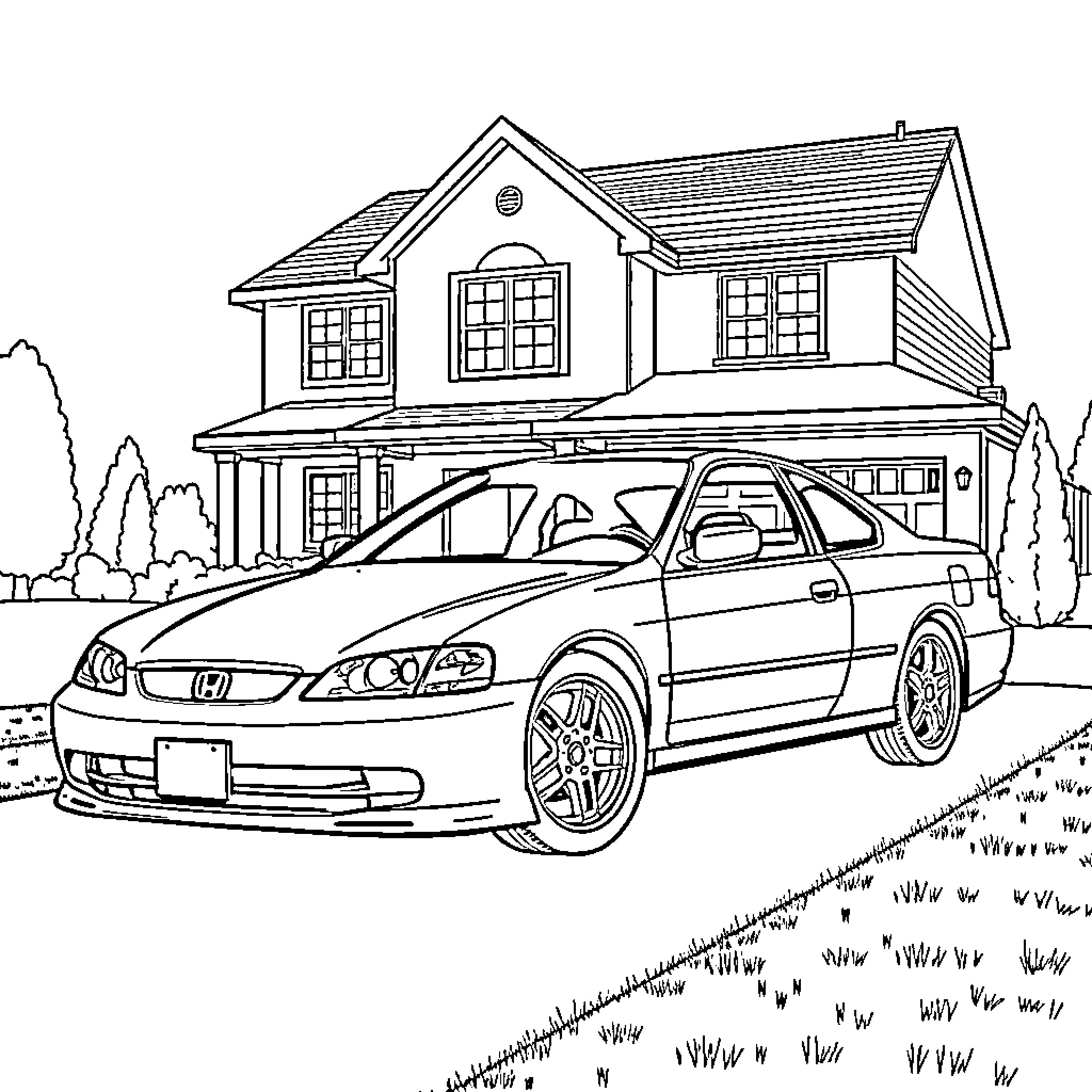 Honda Accord driven in front of a residential home Coloring Page (free black-and-white line drawing printable PDF for all, from beginners to advanced learners, including children, teens, adults, and seniors)