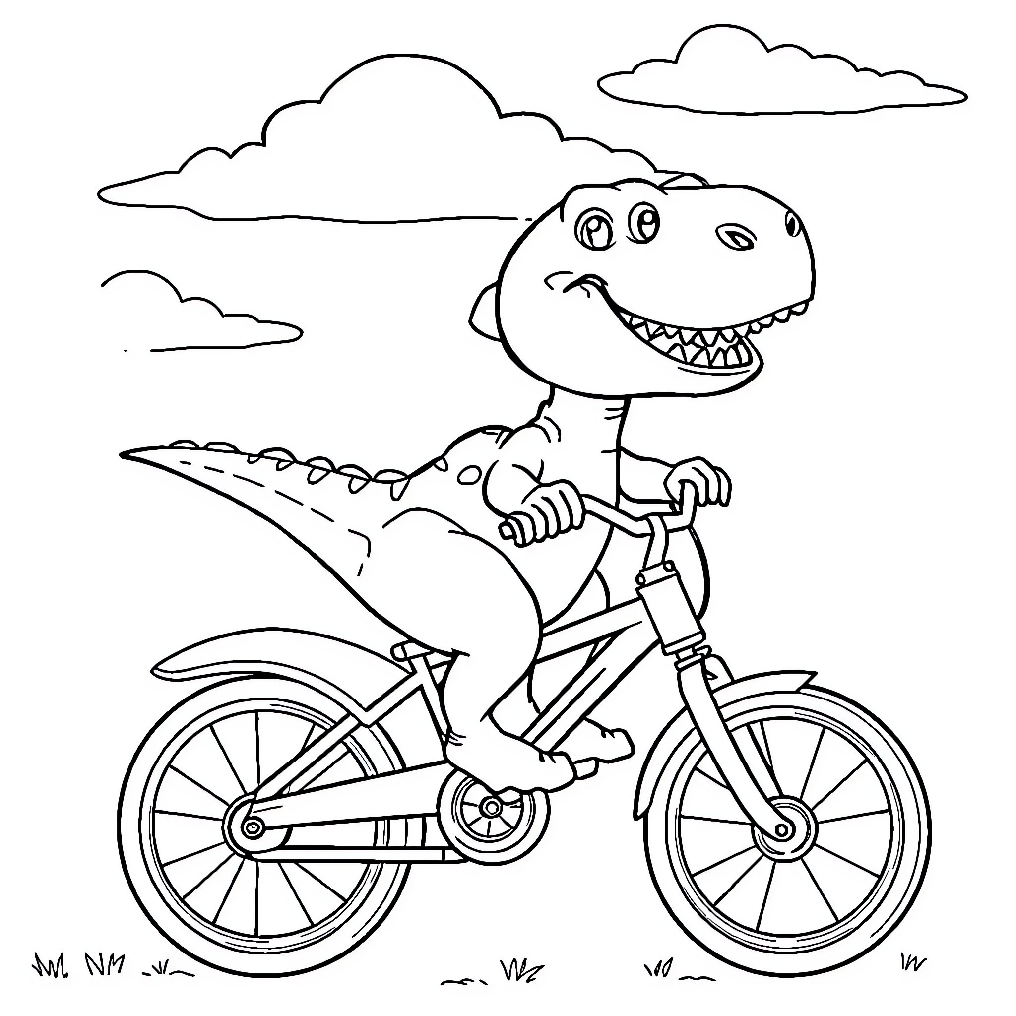 Dinosaur riding a bicycle in the countryside Coloring Page (free black-and-white line drawing printable PDF for all, from beginners to advanced learners, including children, teens, adults, and seniors)