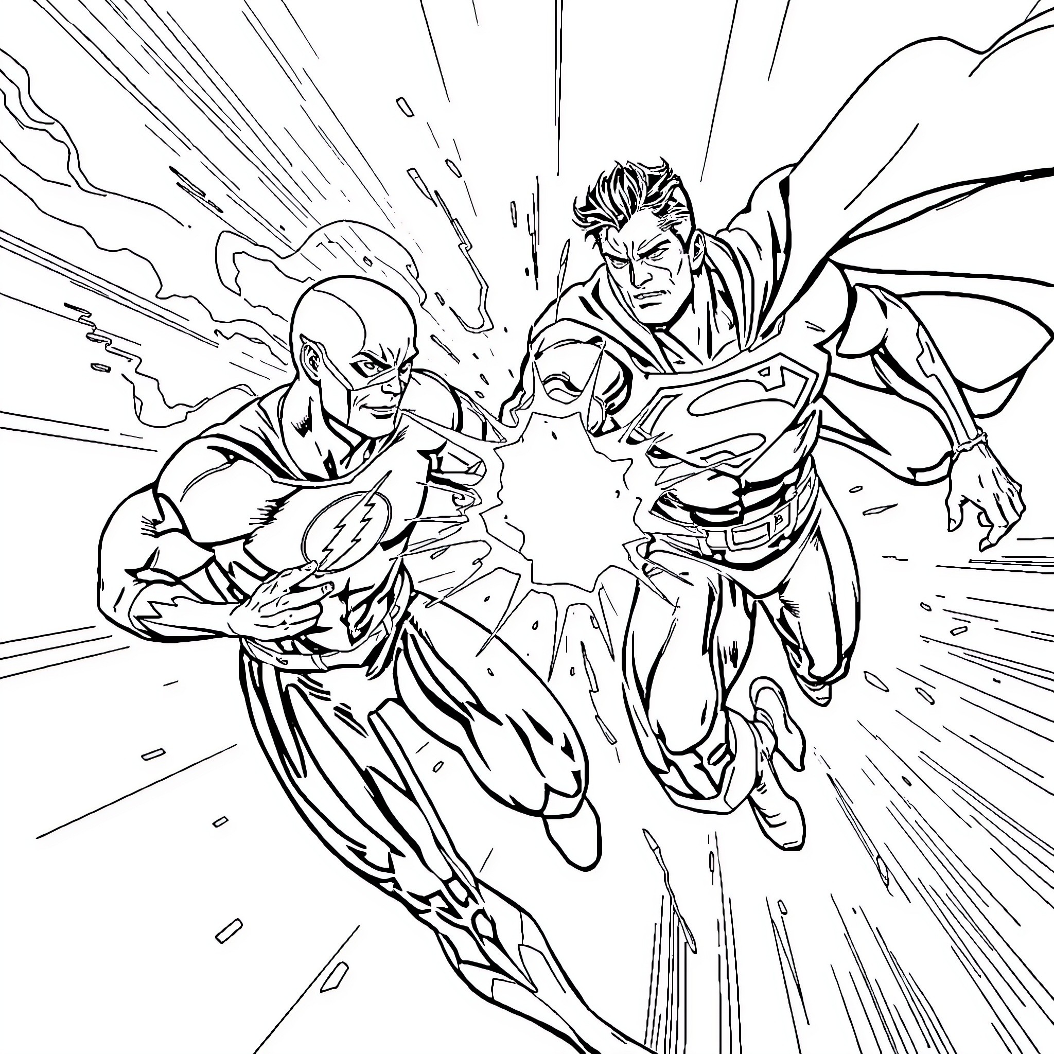 Flash Heroes Clash in Heroic Battle Coloring Page (free black-and-white line drawing printable PDF for all, from beginners to advanced learners, including children, teens, adults, and seniors)