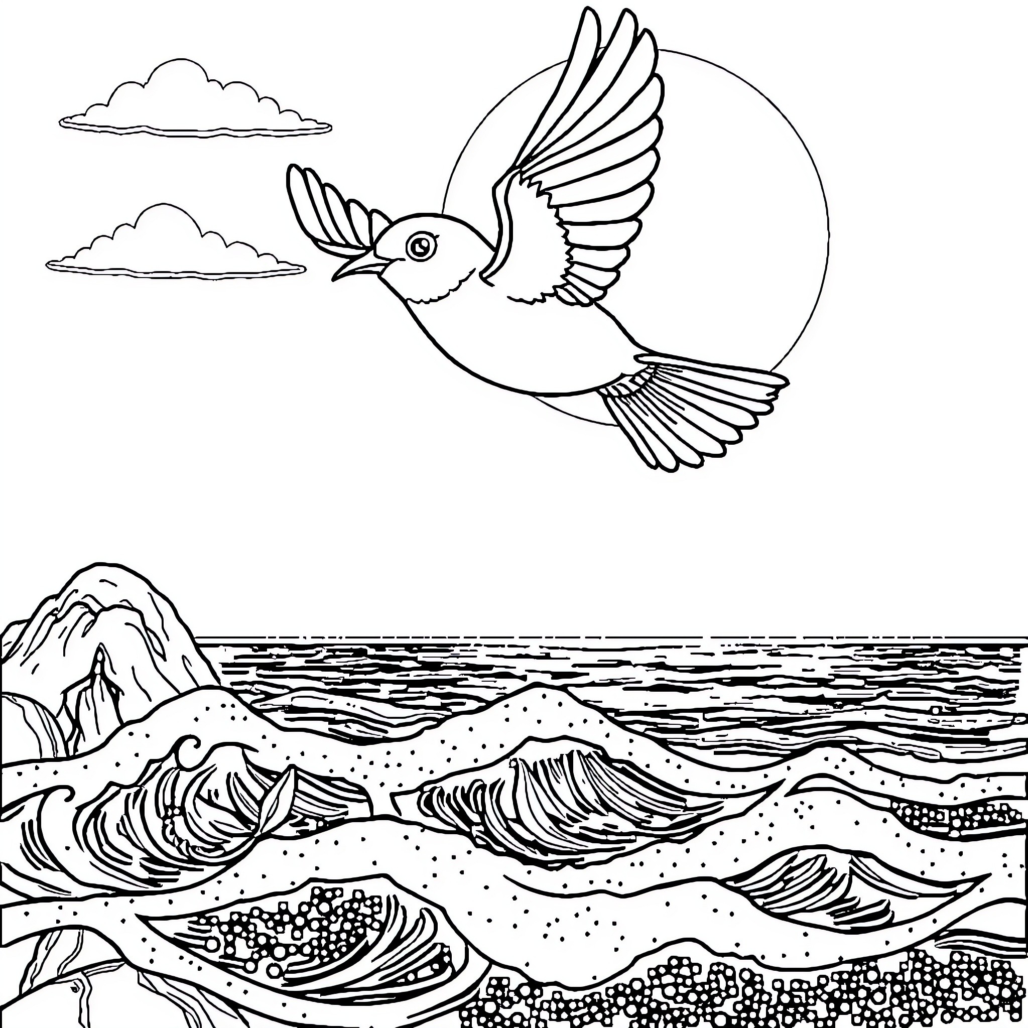 Bartolito soaring freely over crashing waves Coloring Page (free black-and-white line drawing printable PDF for all, from beginners to advanced learners, including children, teens, adults, and seniors)