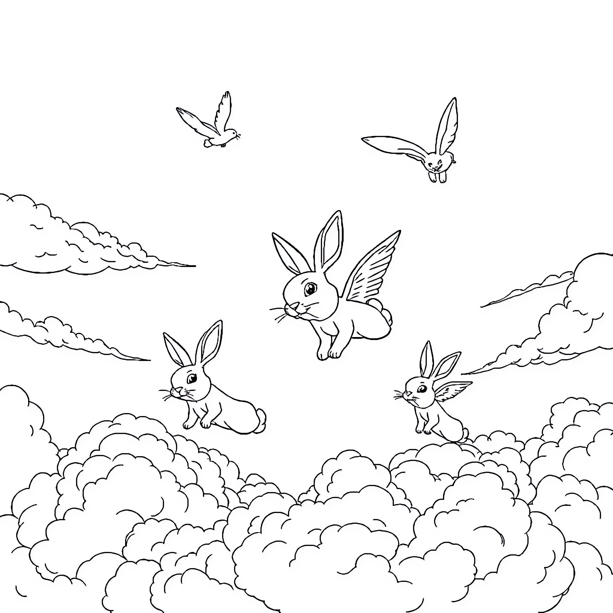 Bunny friends flying through the cloudy sky Coloring Page (free black-and-white line drawing printable PDF for all, from beginners to advanced learners, including children, teens, adults, and seniors)