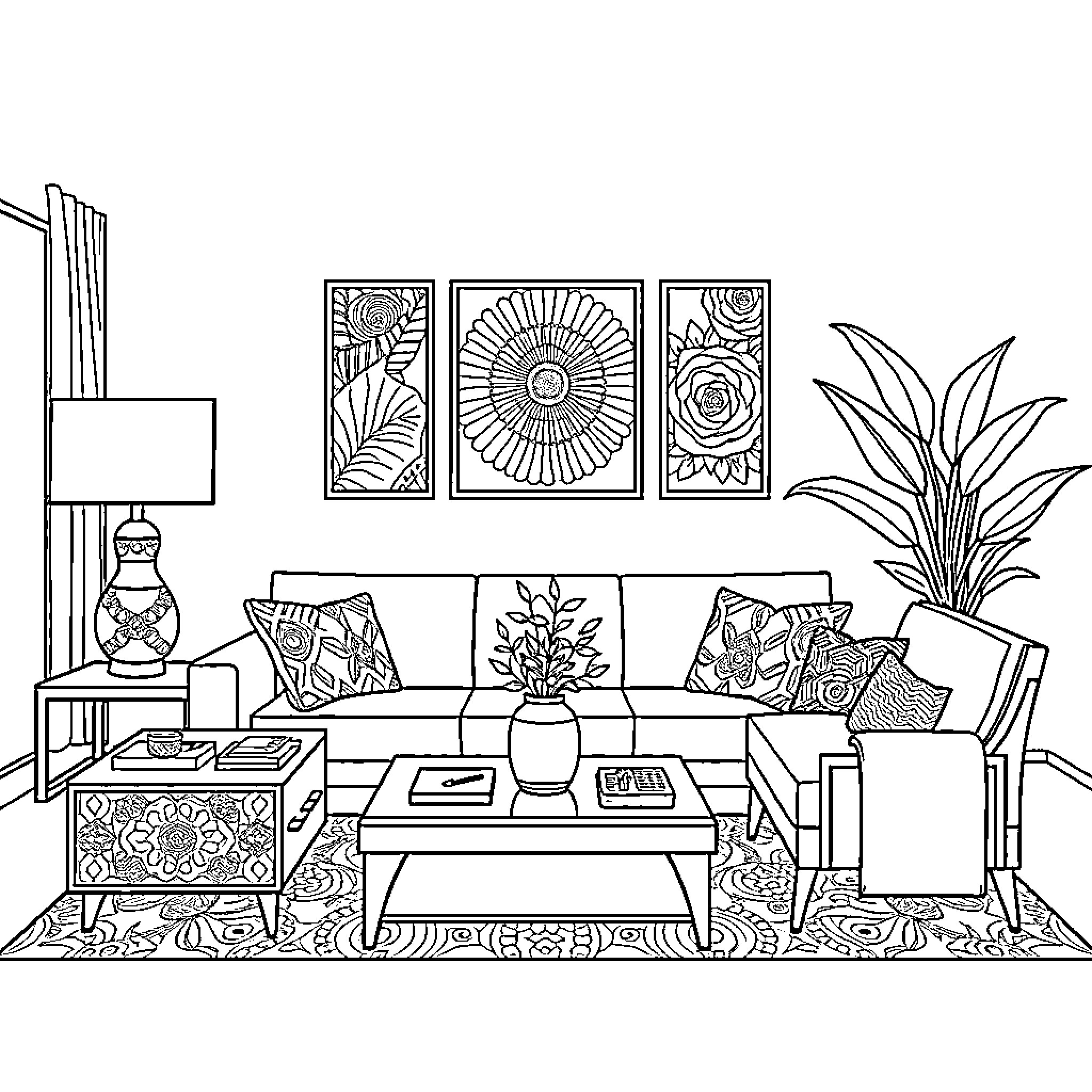 Home decor with stylized artwork Coloring Page (free black-and-white line drawing printable PDF for all, from beginners to advanced learners, including children, teens, adults, and seniors)