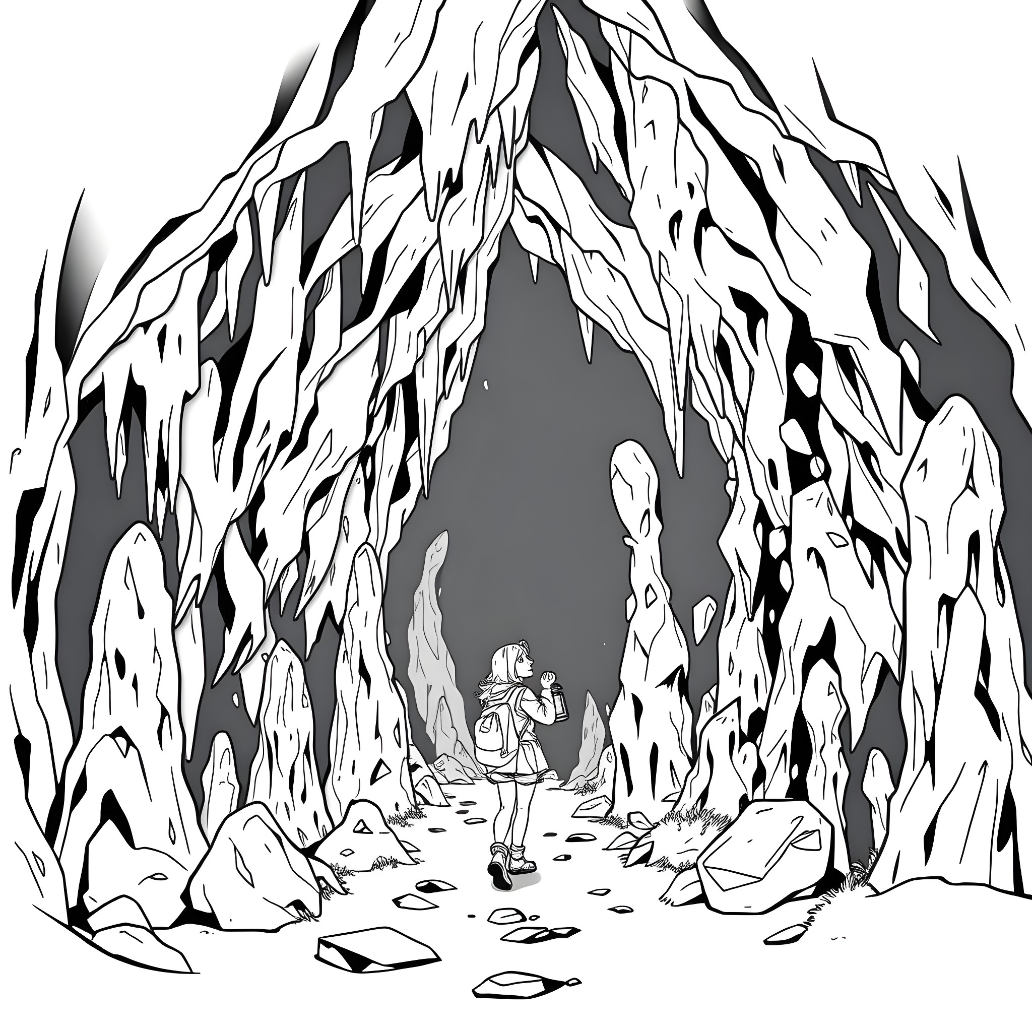 Woman exploring a mysterious cave landscape Coloring Page (free black-and-white line drawing printable PDF for all, from beginners to advanced learners, including children, teens, adults, and seniors)