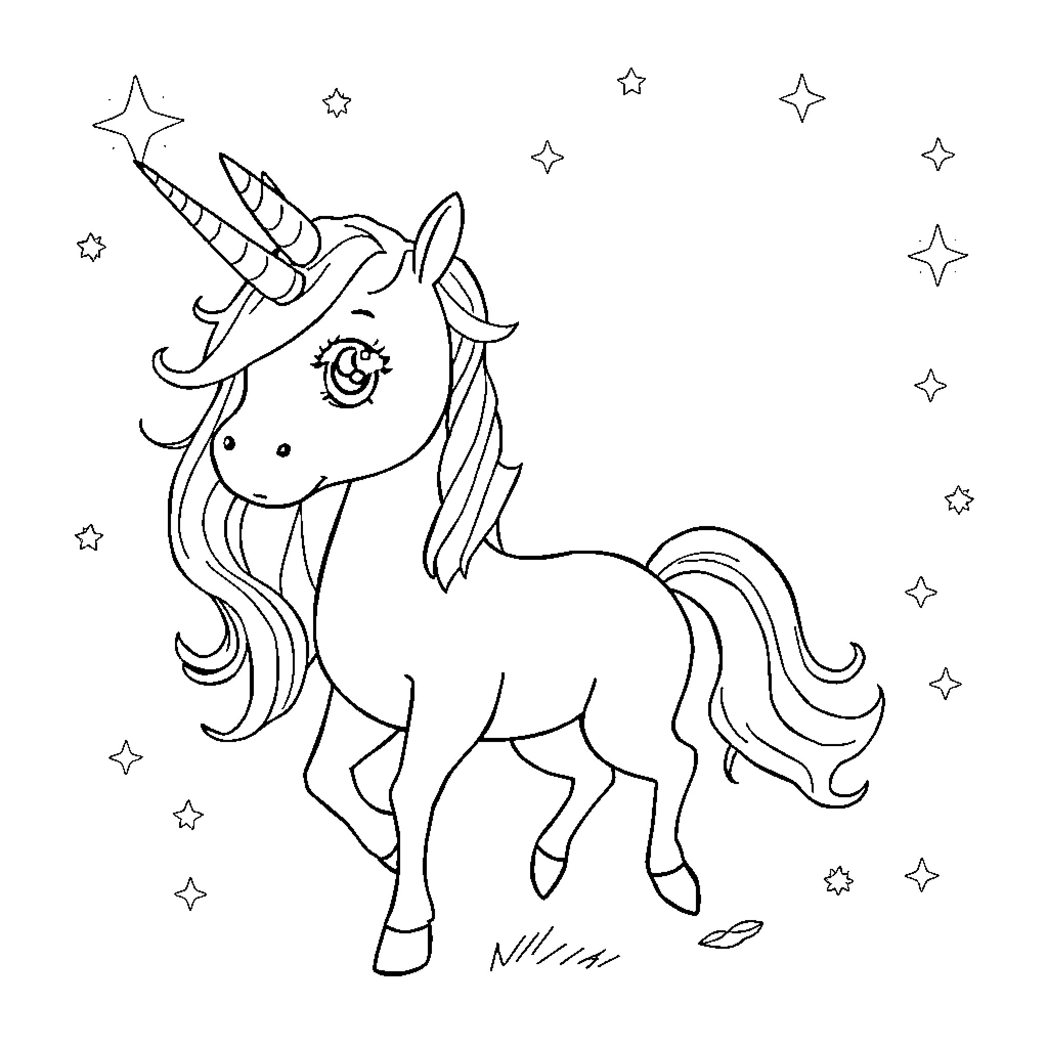 Girl's Magical Unicorn Adventure Coloring Page (free black-and-white line drawing printable PDF for all, from beginners to advanced learners, including children, teens, adults, and seniors)
