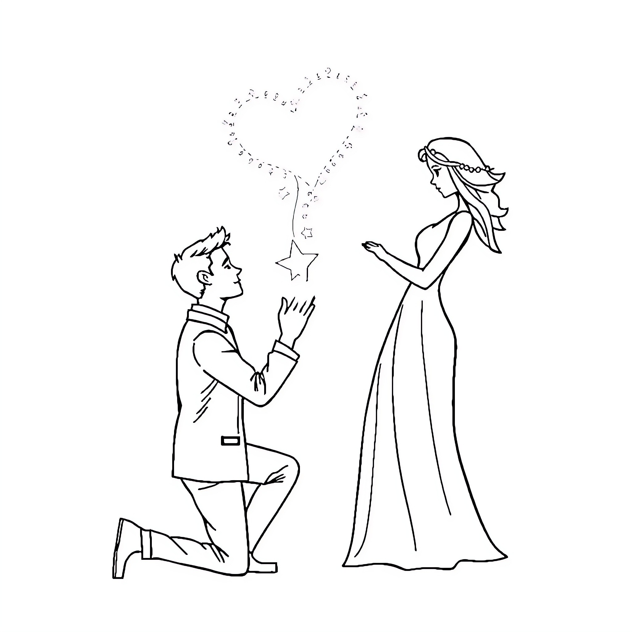 Homme proposing love to a woman Coloring Page (free black-and-white line drawing printable PDF for all, from beginners to advanced learners, including children, teens, adults, and seniors)