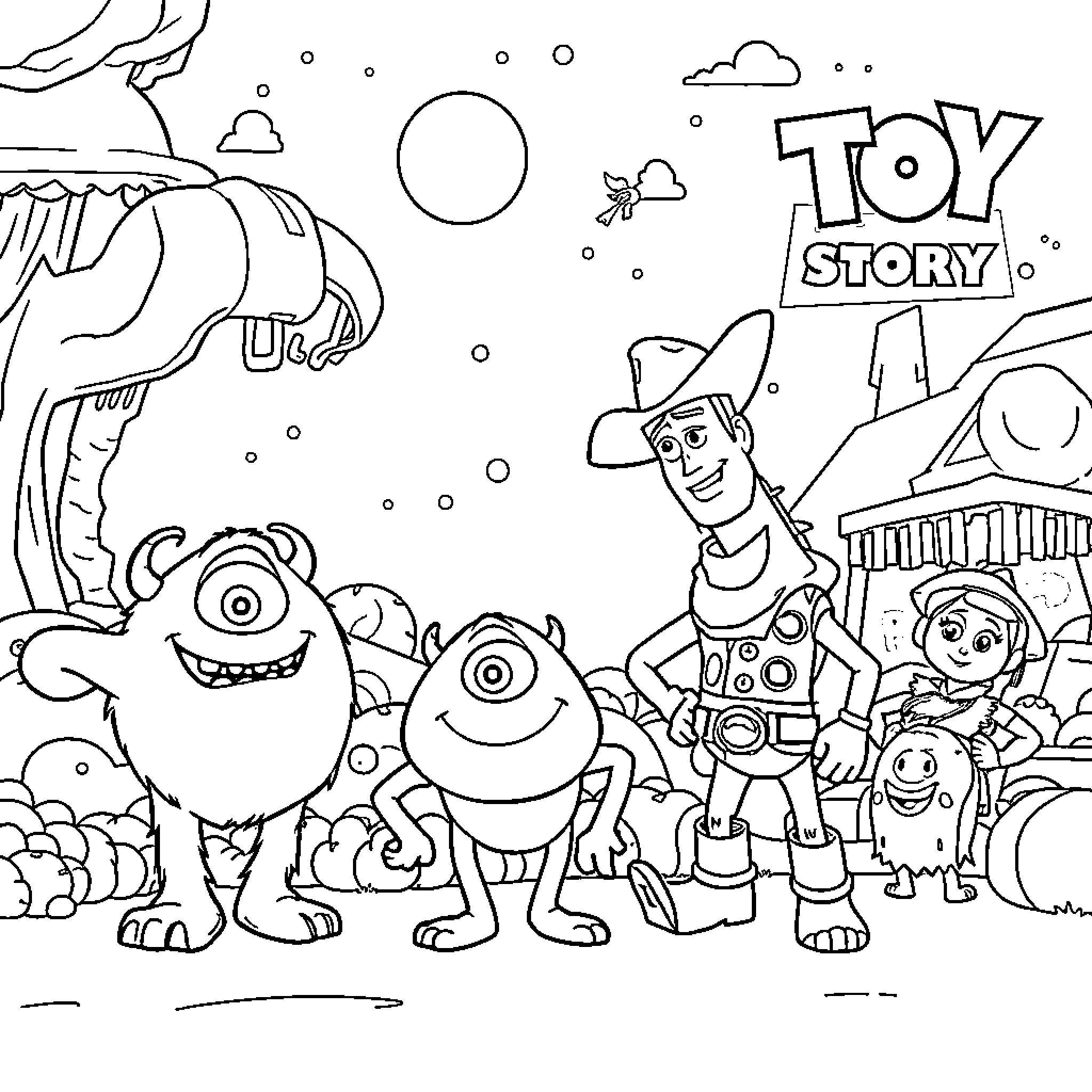 Monster characters in Toy Story adventure Coloring Page (free black-and-white line drawing printable PDF for all, from beginners to advanced learners, including children, teens, adults, and seniors)