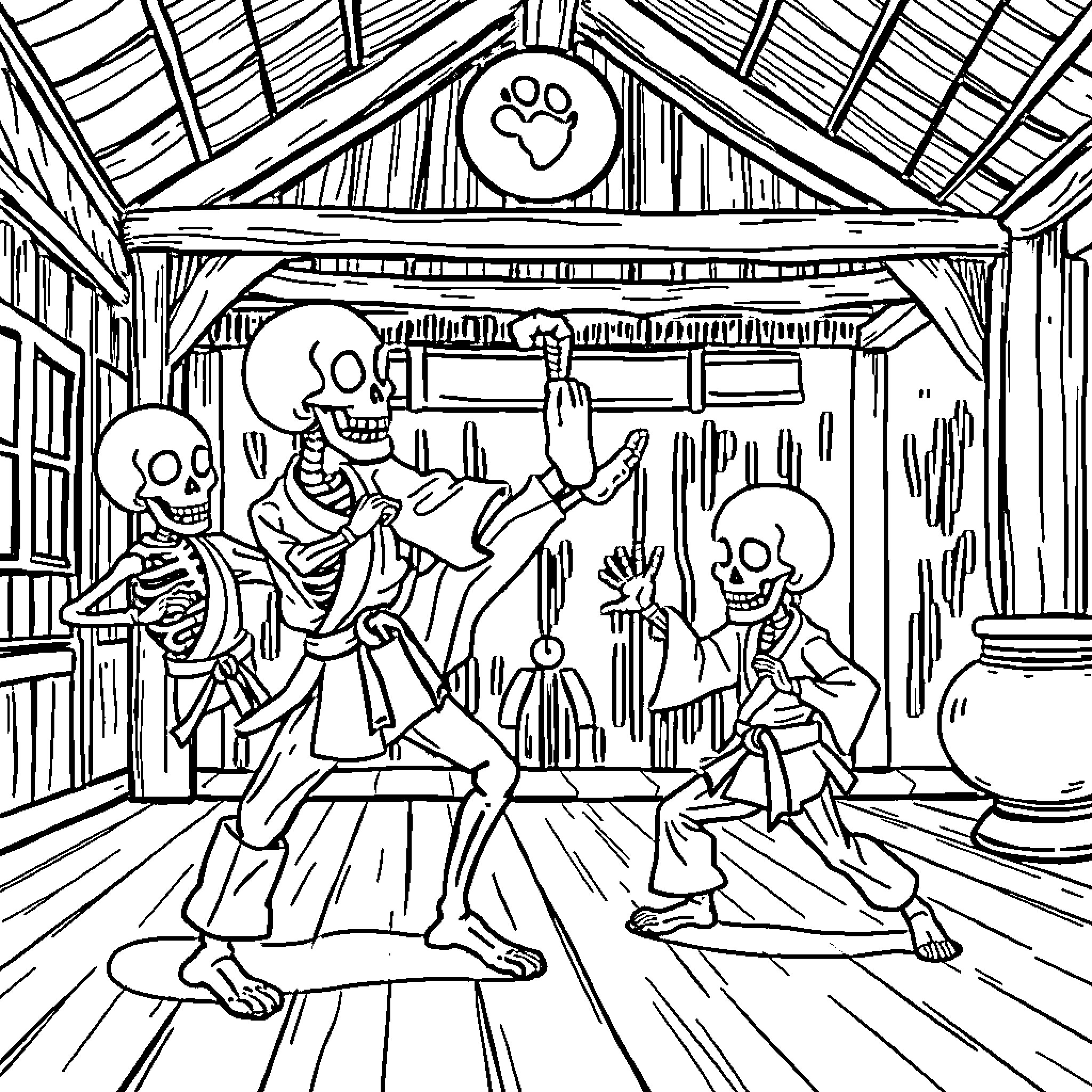 Skeleton party in the barn Coloring Page (free black-and-white line drawing printable PDF for all, from beginners to advanced learners, including children, teens, adults, and seniors)