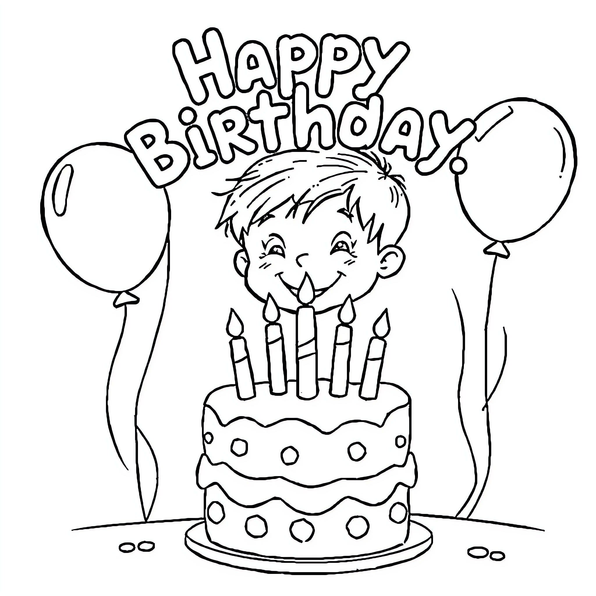Birthday Celebration with Cake and Balloons Coloring Page (free black-and-white line drawing printable PDF for all, from beginners to advanced learners, including children, teens, adults, and seniors)