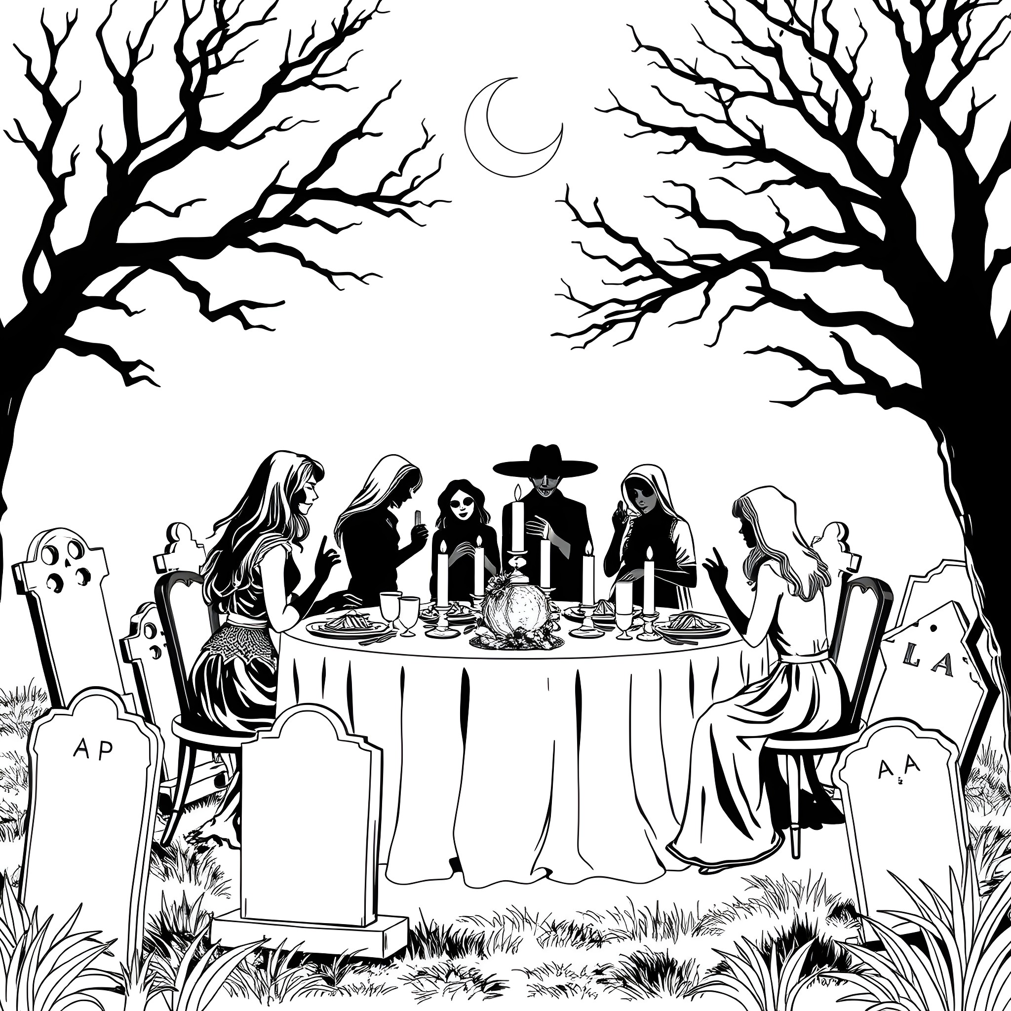 Figure of a Spooky Gathering in the Graveyard Coloring Page (free black-and-white line drawing printable PDF for all, from beginners to advanced learners, including children, teens, adults, and seniors)