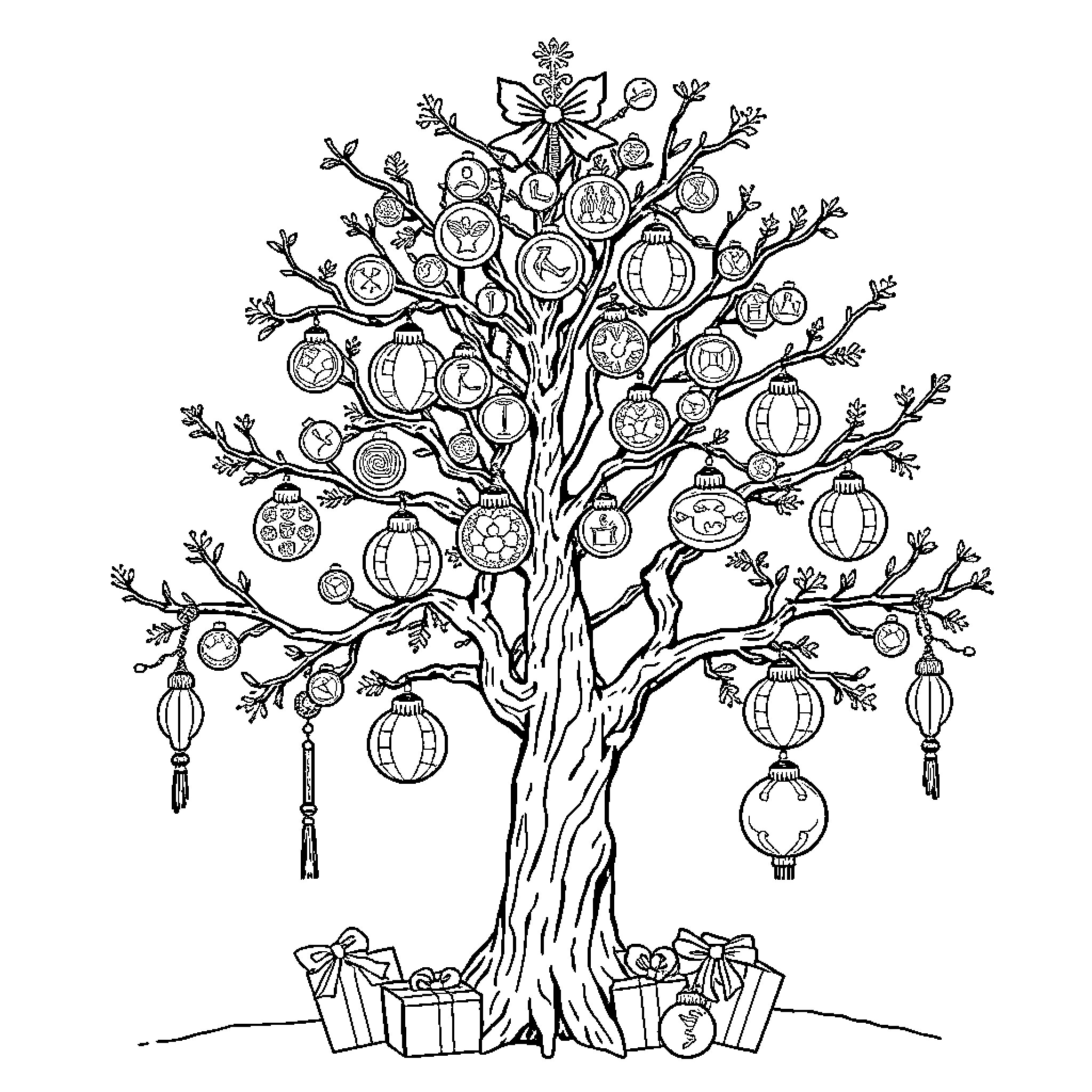 Coin Tree with Festive Lanterns and Gifts Coloring Page (free black-and-white line drawing printable PDF for all, from beginners to advanced learners, including children, teens, adults, and seniors)