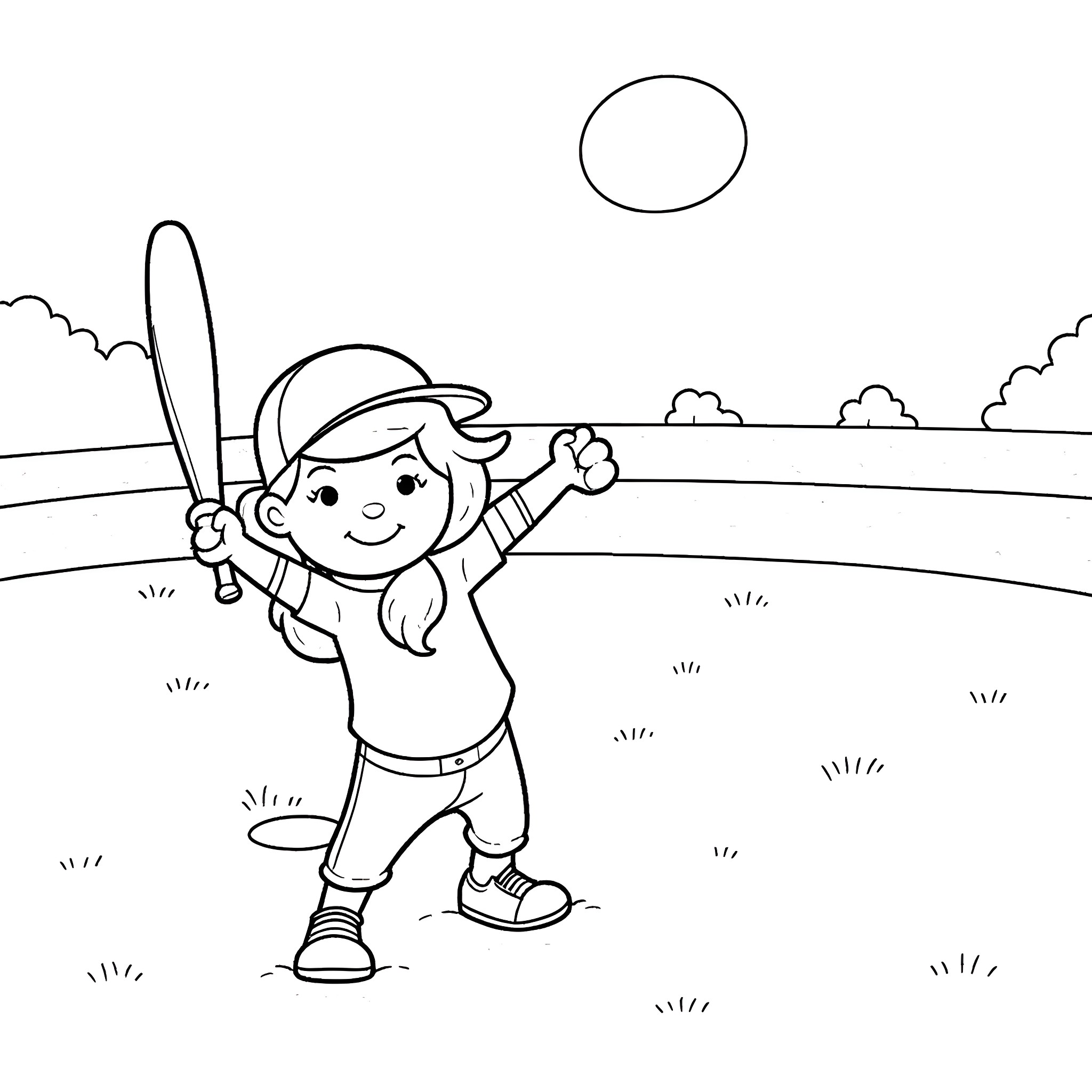 Luffe playing happily with bat and ball in the park Coloring Page (free black-and-white line drawing printable PDF for all, from beginners to advanced learners, including children, teens, adults, and seniors)