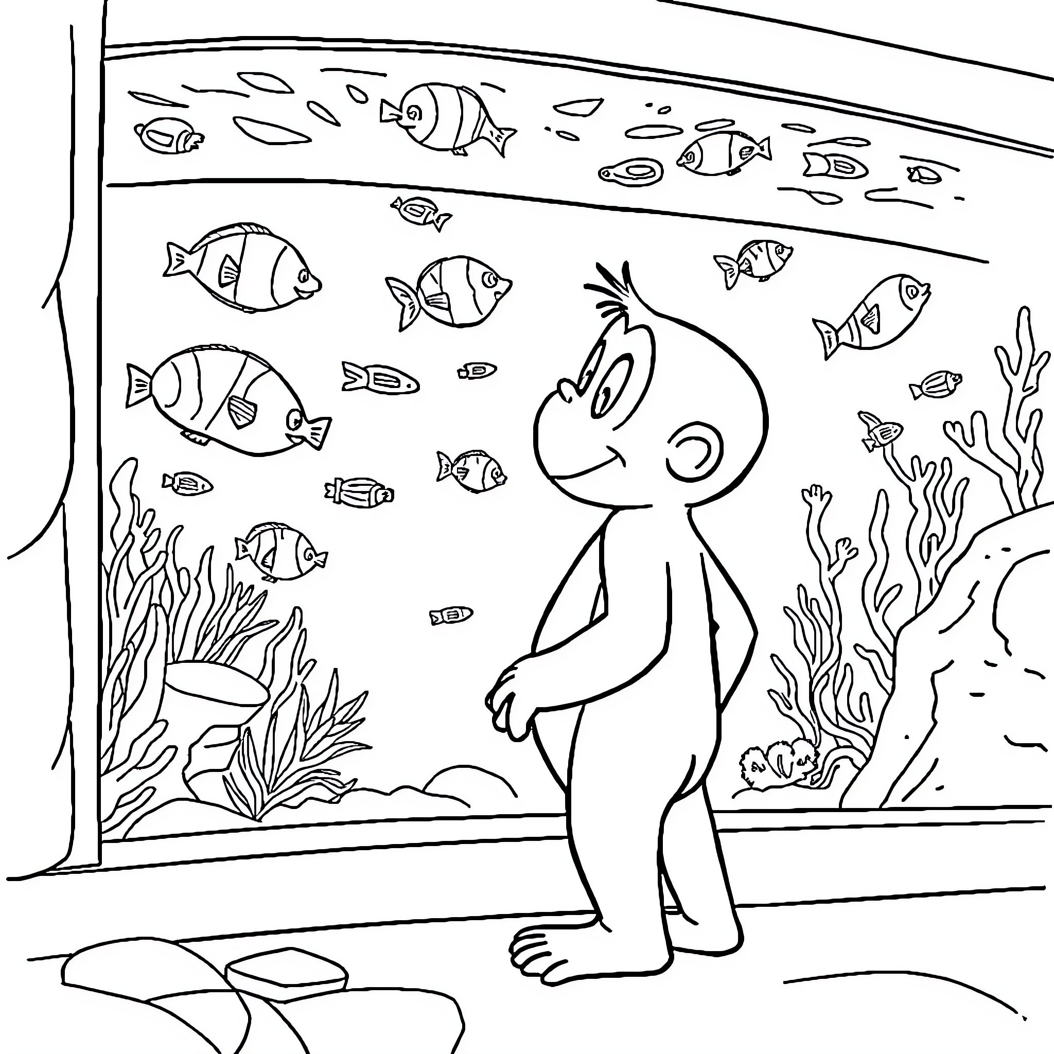 Curious George explores the aquarium Coloring Page (free black-and-white line drawing printable PDF for all, from beginners to advanced learners, including children, teens, adults, and seniors)
