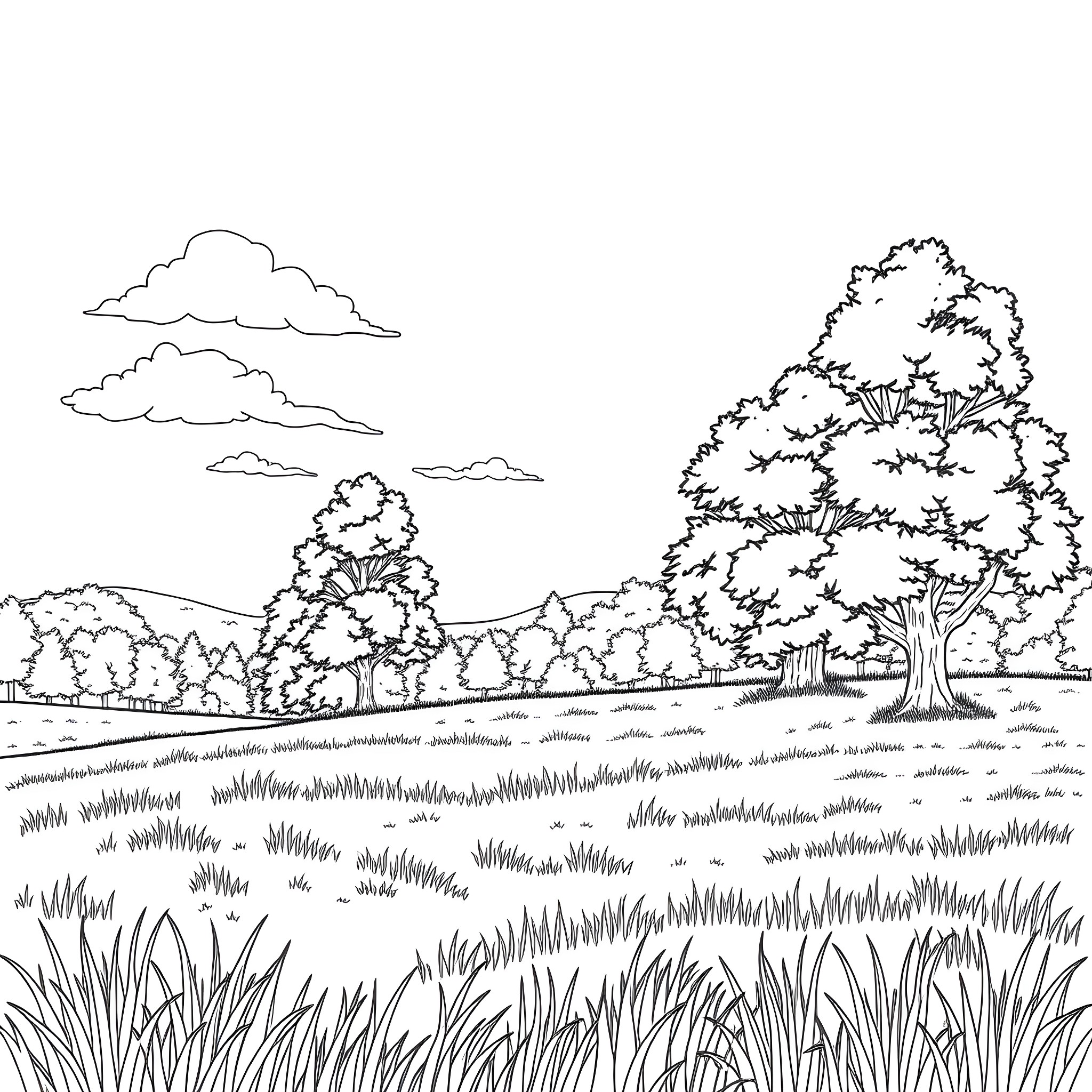 Outdoor Landscape with Trees and Clouds Coloring Page (free black-and-white line drawing printable PDF for all, from beginners to advanced learners, including children, teens, adults, and seniors)