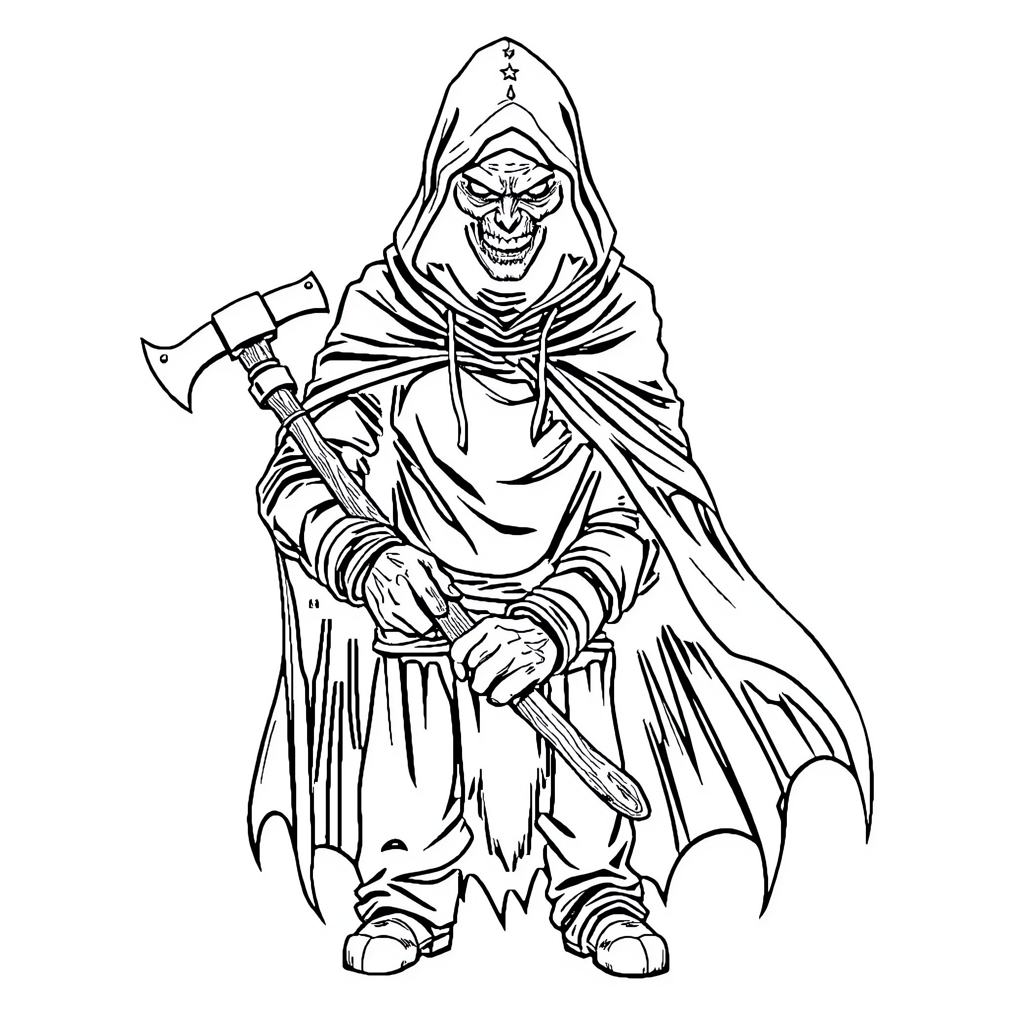 Hooded Man Wielding Axe with Menacing Expression Coloring Page (free black-and-white line drawing printable PDF for all, from beginners to advanced learners, including children, teens, adults, and seniors)