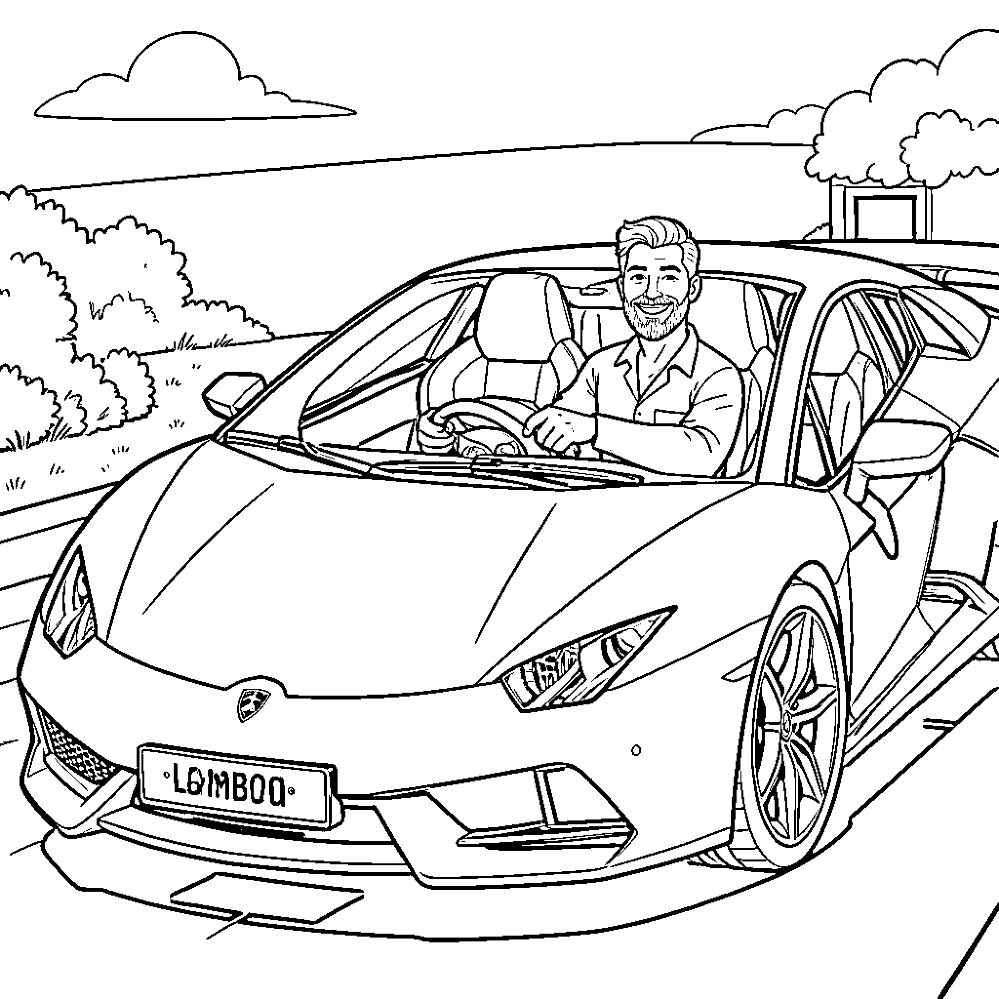 Barman driving a luxury sports car along a road Coloring Page (free black-and-white line drawing printable PDF for all, from beginners to advanced learners, including children, teens, adults, and seniors)