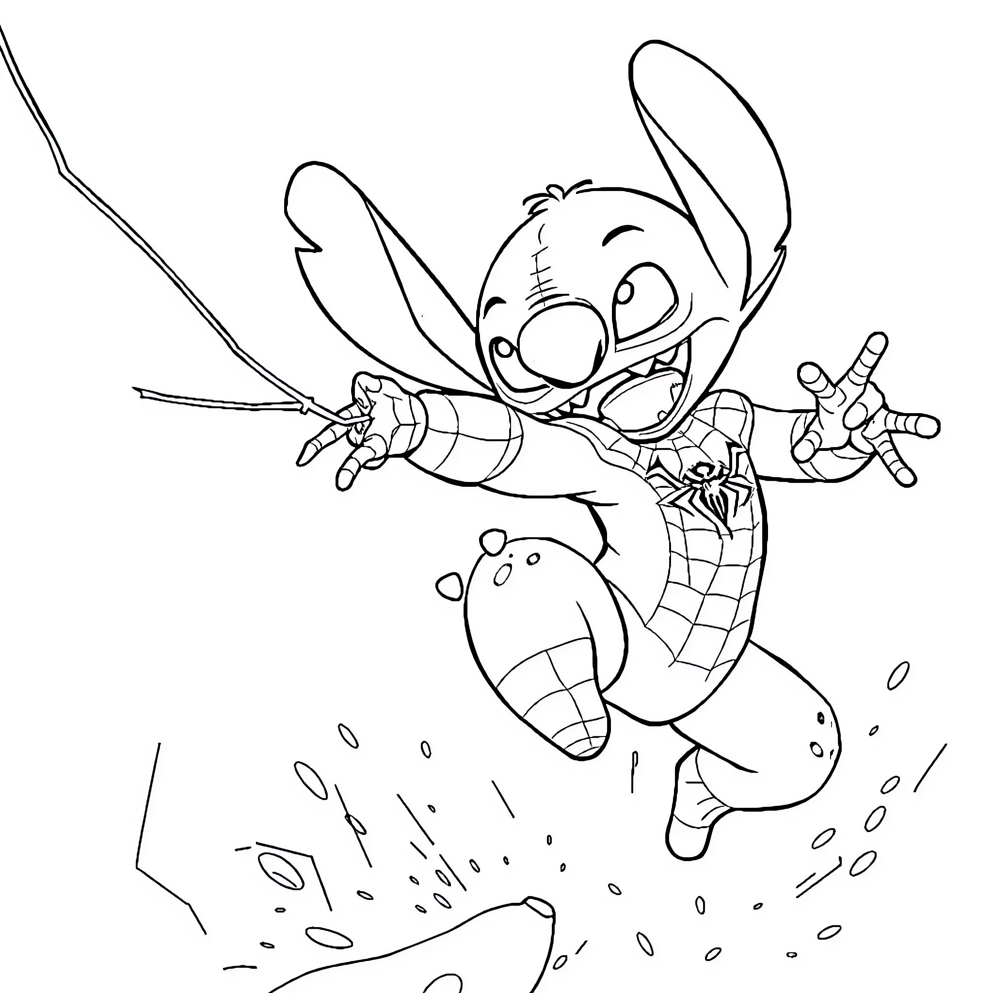 Stitch jumping joyfully with gadgets Coloring Page (free black-and-white line drawing printable PDF for all, from beginners to advanced learners, including children, teens, adults, and seniors)