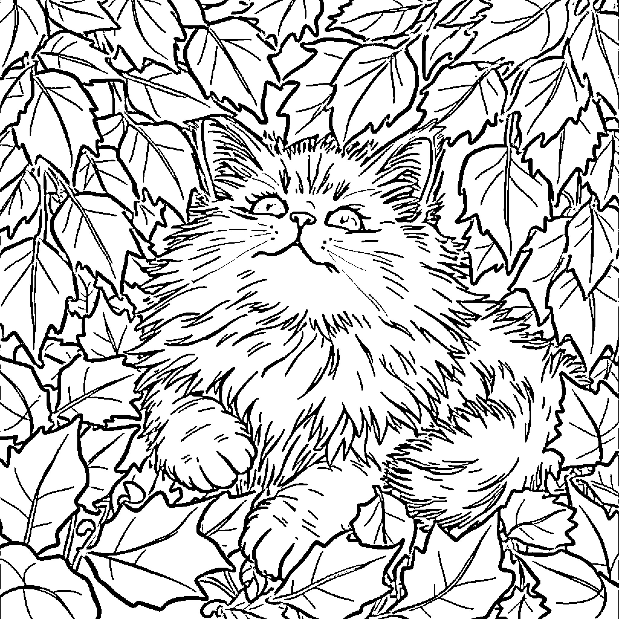 Cat hidden in leaf-filled forest Coloring Page (free black-and-white line drawing printable PDF for all, from beginners to advanced learners, including children, teens, adults, and seniors)