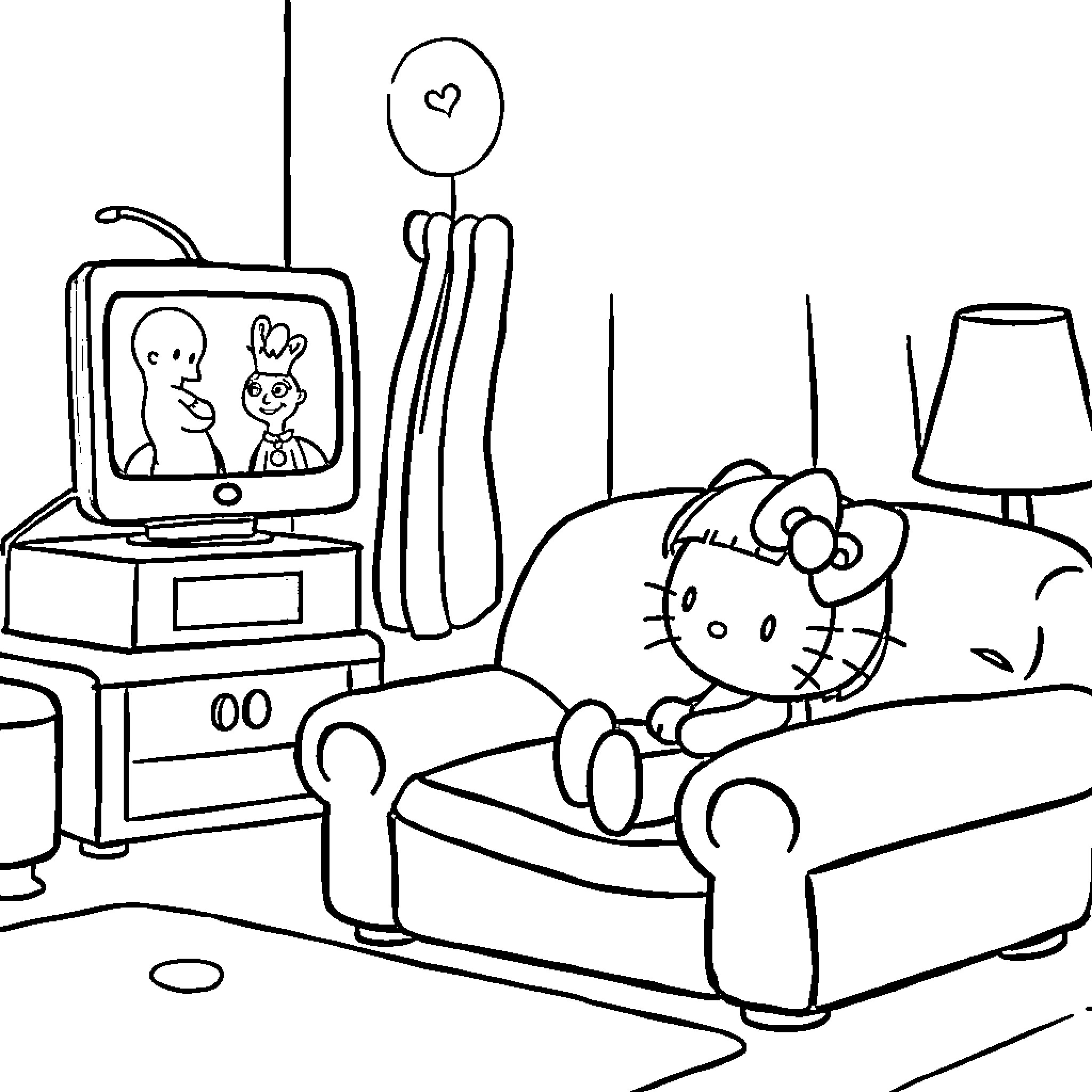 Hello Kitty relaxing at home with TV and toys Coloring Page (free black-and-white line drawing printable PDF for all, from beginners to advanced learners, including children, teens, adults, and seniors)