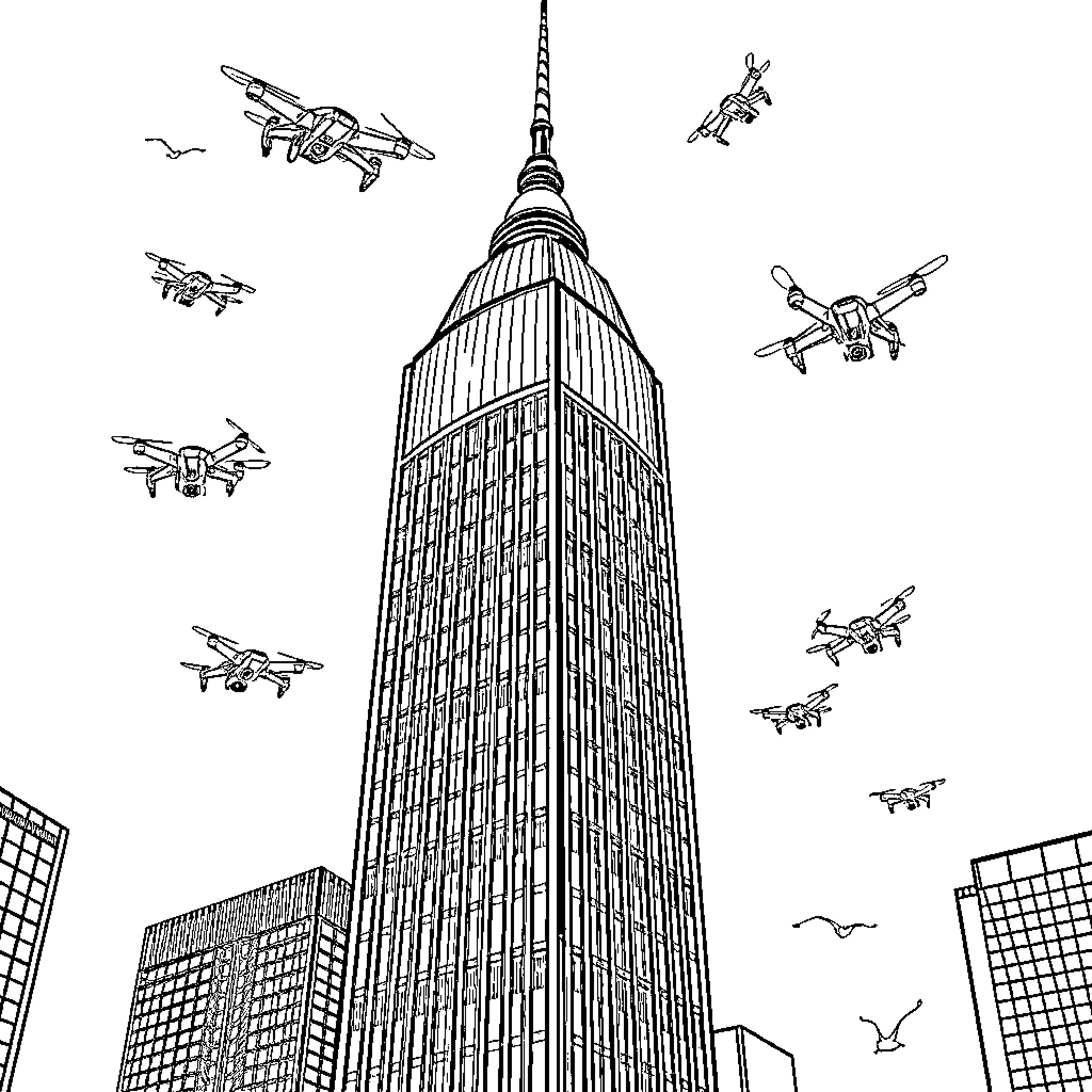 Drone flight over the city with skyscrapers Coloring Page (free black-and-white line drawing printable PDF for all, from beginners to advanced learners, including children, teens, adults, and seniors)