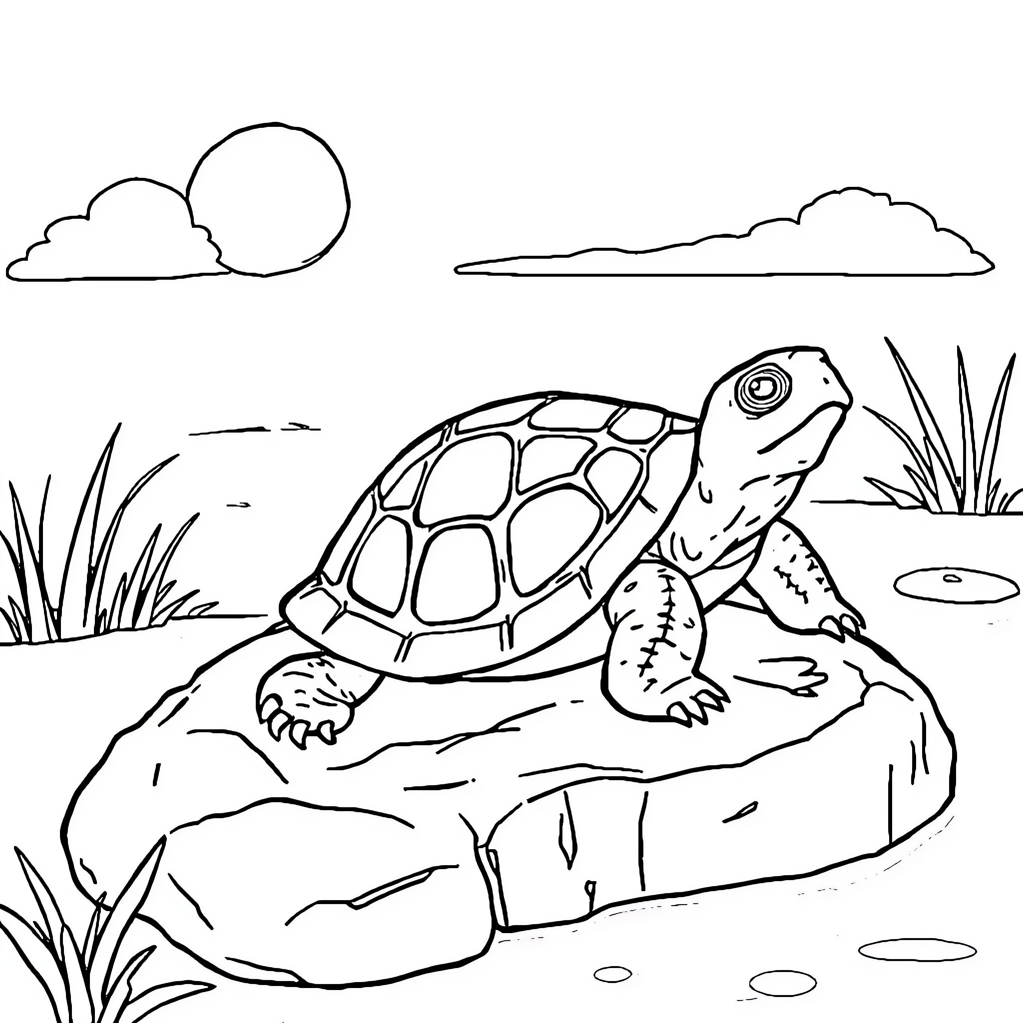 Turtle resting on rock by the pond Coloring Page (free black-and-white line drawing printable PDF for all, from beginners to advanced learners, including children, teens, adults, and seniors)