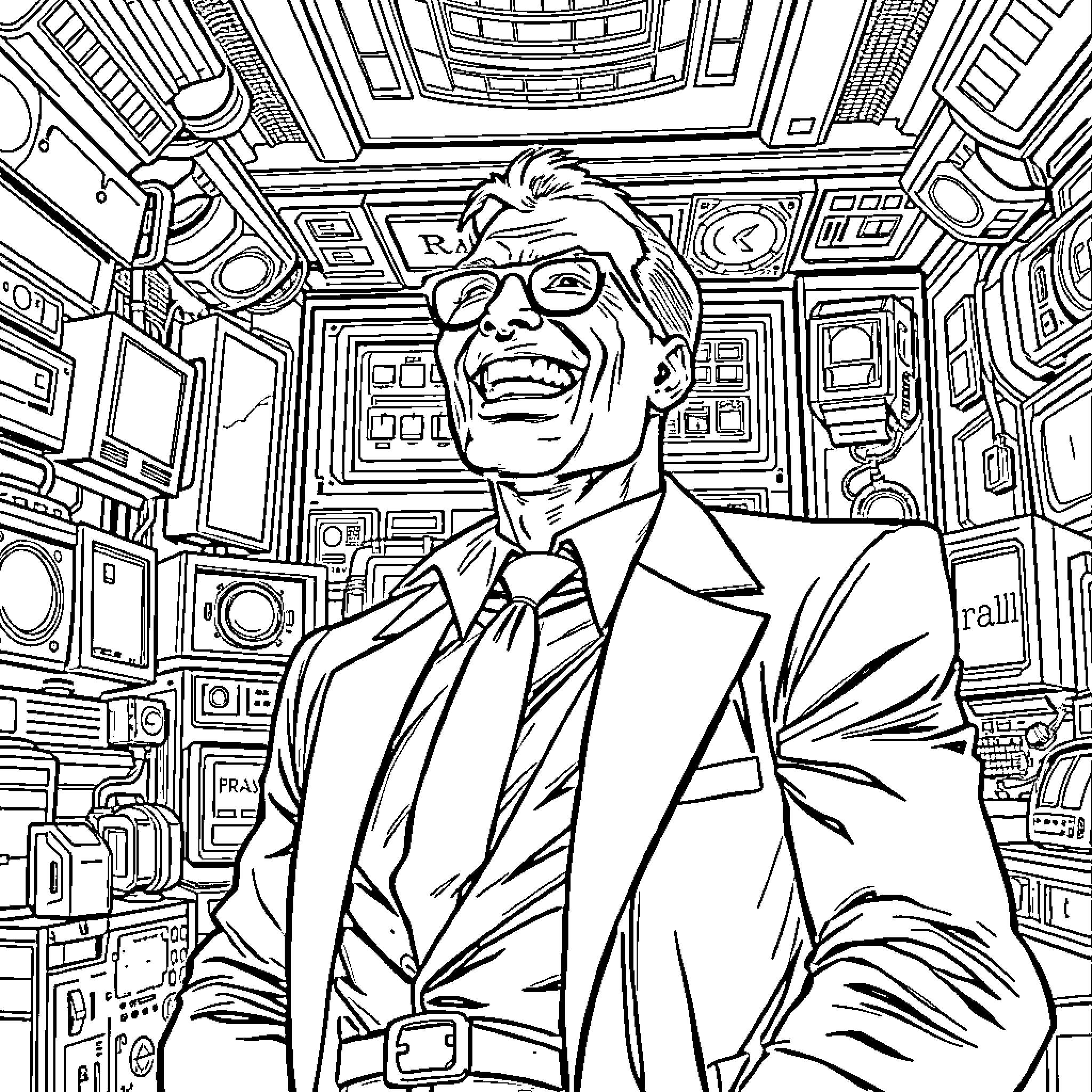 Lex Luthor laughing amid futuristic technology Coloring Page (free black-and-white line drawing printable PDF for all, from beginners to advanced learners, including children, teens, adults, and seniors)