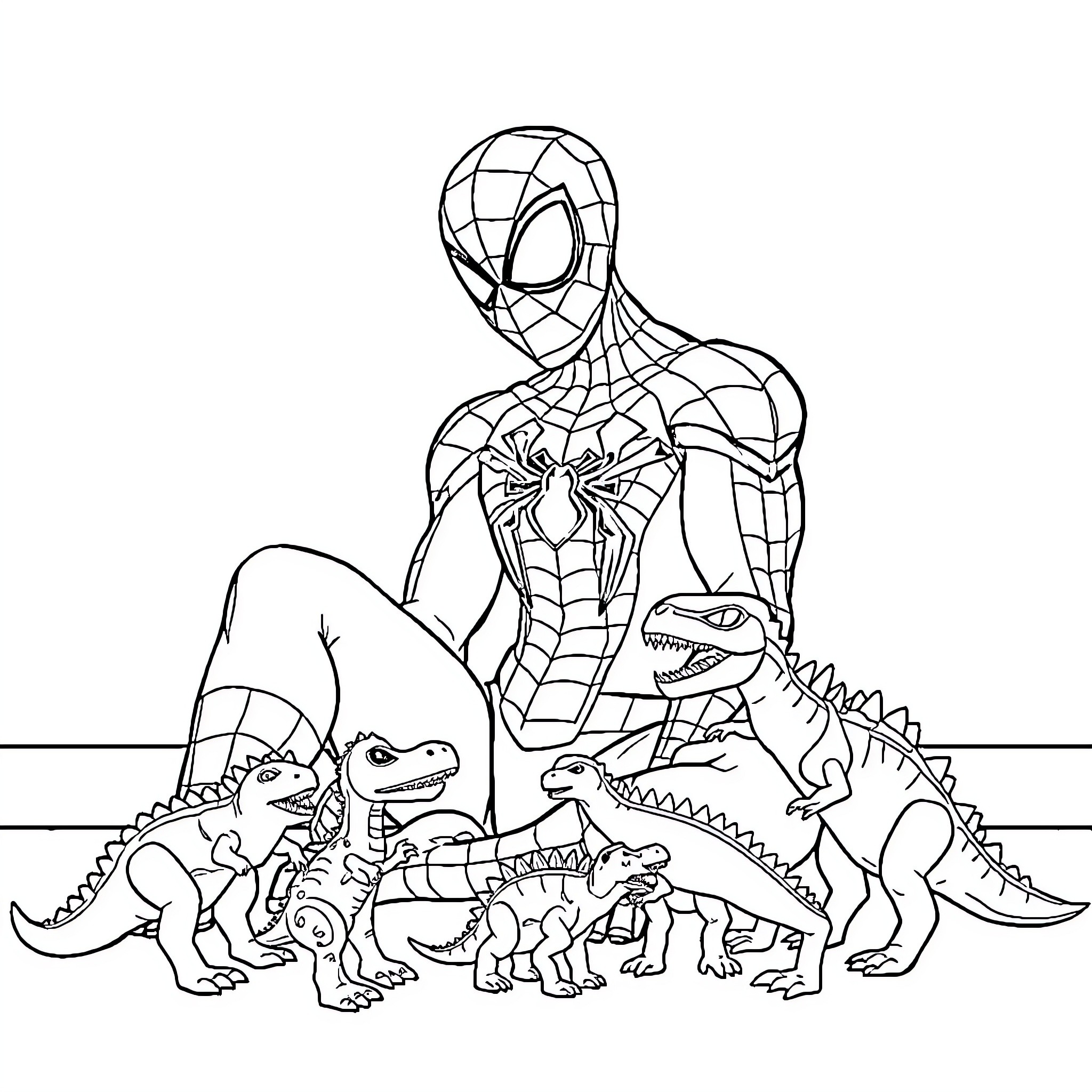 Spider-Man surrounded by playful dinosaurs Coloring Page (free black-and-white line drawing printable PDF for all, from beginners to advanced learners, including children, teens, adults, and seniors)