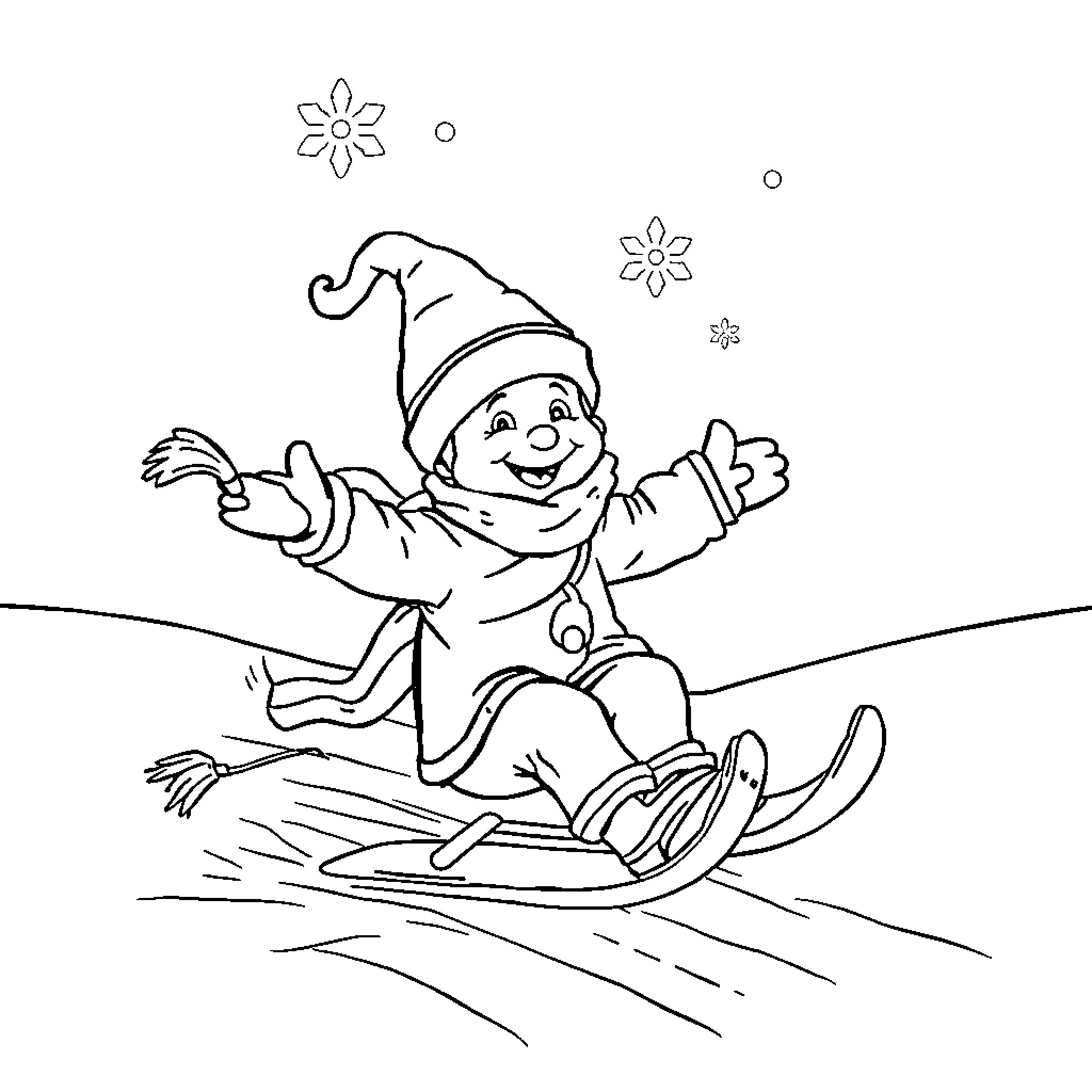 Lutin sledding and enjoying the winter weather Coloring Page (free black-and-white line drawing printable PDF for all, from beginners to advanced learners, including children, teens, adults, and seniors)