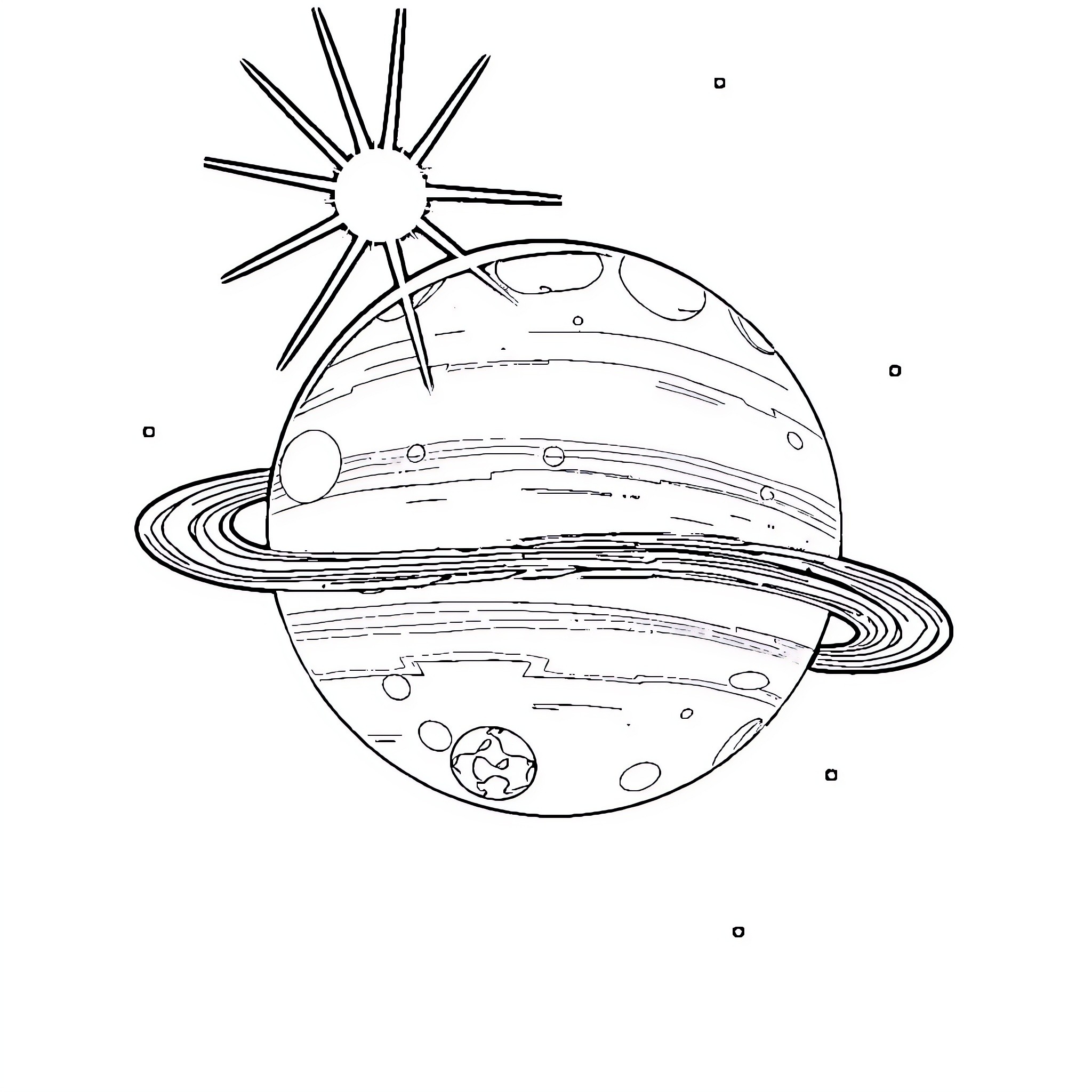 Planet with Celestial Rings and Shining Sun Coloring Page (free black-and-white line drawing printable PDF for all, from beginners to advanced learners, including children, teens, adults, and seniors)